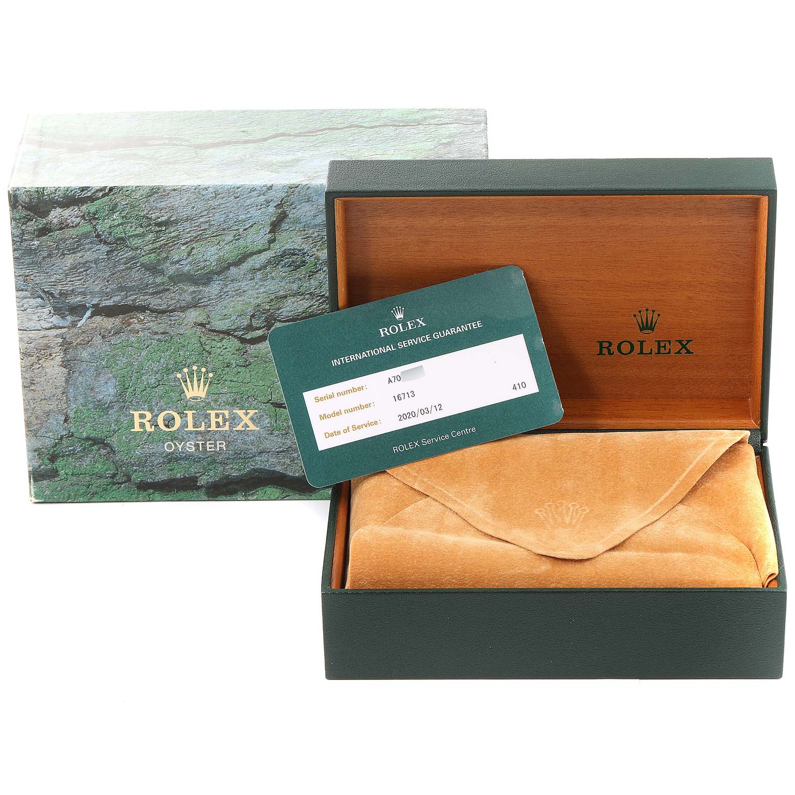 The image features a Rolex GMT-Master 16713 Men's Steel and Gold (two tone) Black Dial 16713 Men's Steel and Gold (two tone) Black Dial watch's packaging, including the box, velvet pouch, and an international service guarantee card.