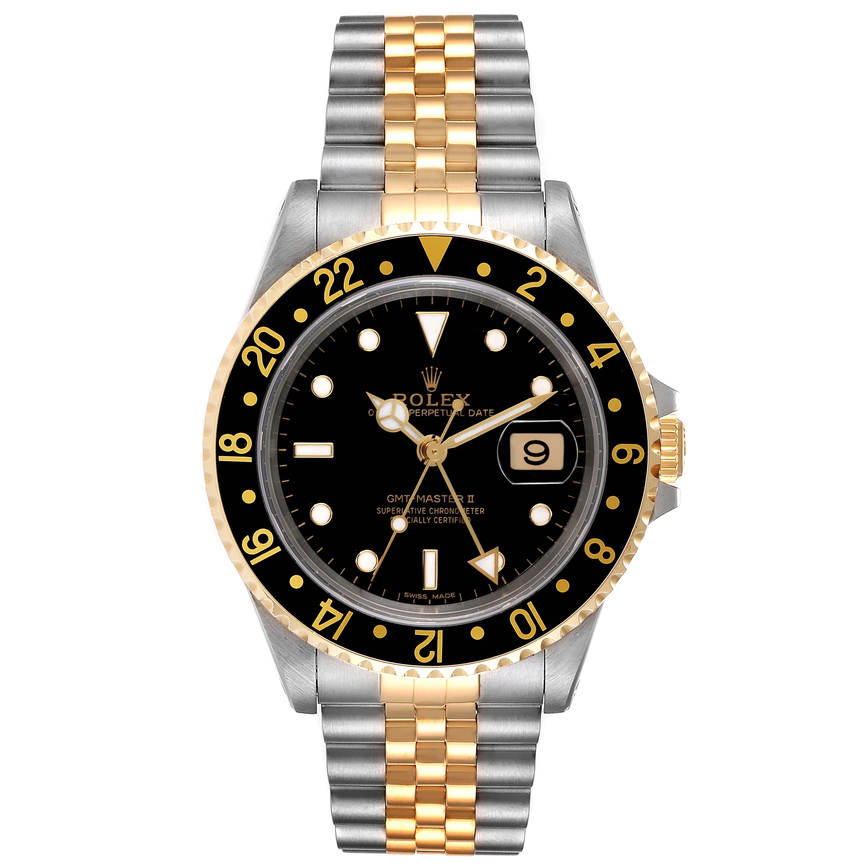 This image shows a front view of a Rolex GMT-Master 16713 Men's Steel and Gold (two tone) Black Dial 16713 Men's Steel and Gold (two tone) Black Dial II watch, featuring a two-tone bracelet and a black bezel.