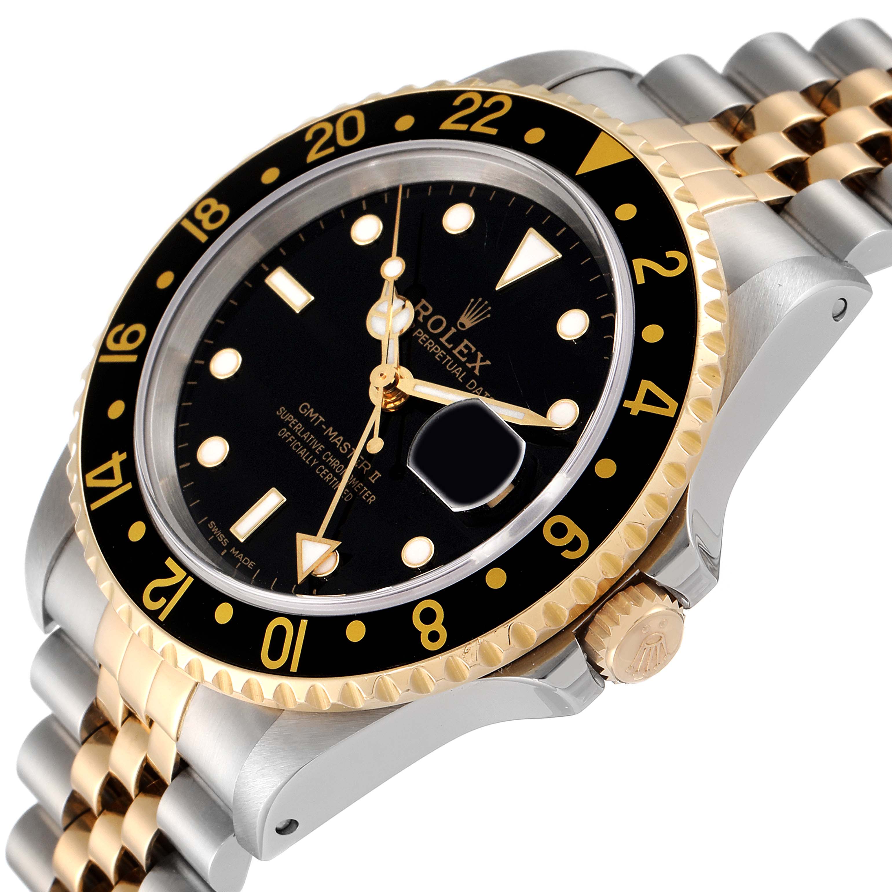 The Rolex GMT-Master 16713 Men's Steel and Gold (two tone) Black Dial 16713 Men's Steel and Gold (two tone) Black Dial watch is shown at an angle displaying the face, bezel, crown, and part of the bracelet.
