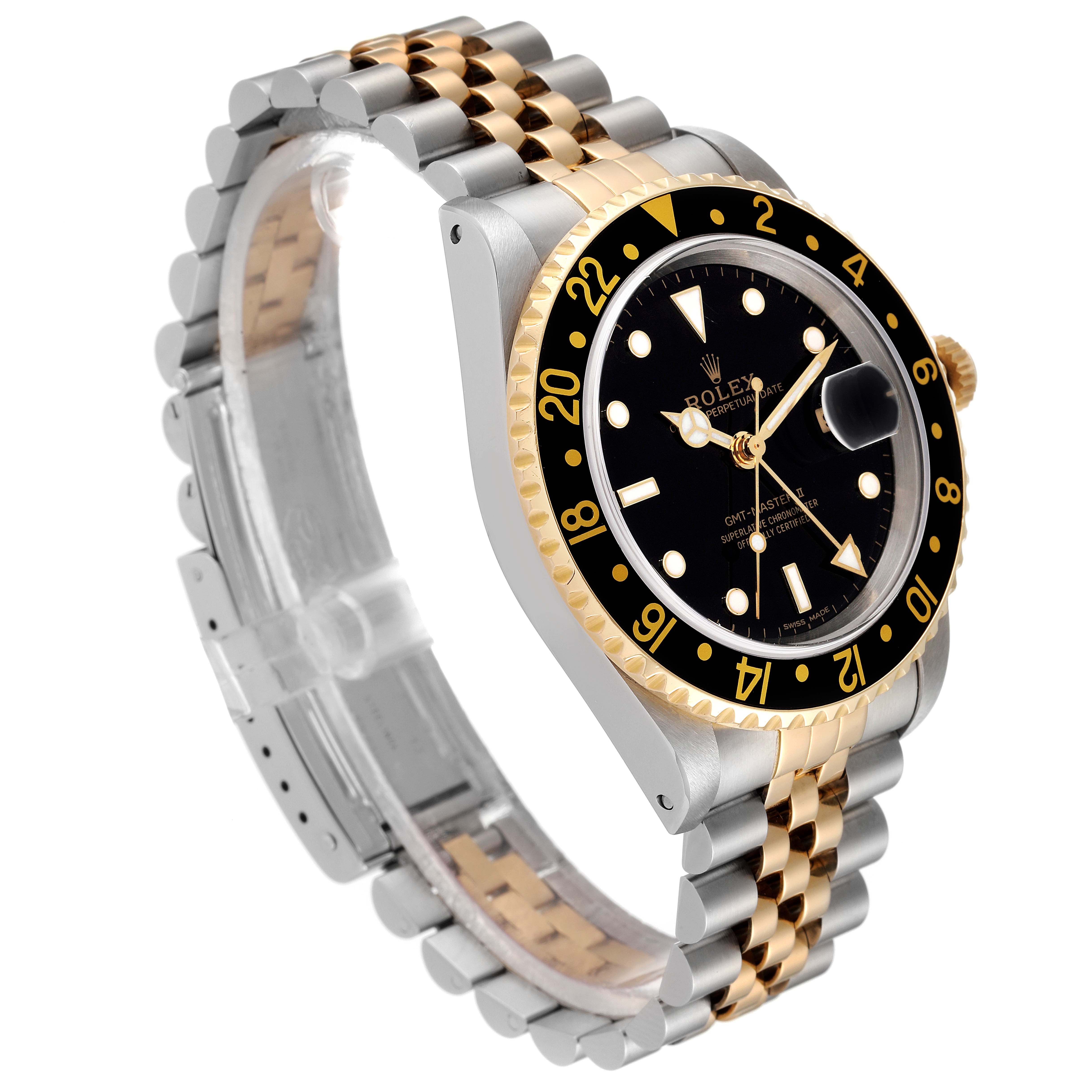 This image shows a Rolex GMT-Master 16713 Men's Steel and Gold (two tone) Black Dial 16713 Men's Steel and Gold (two tone) Black Dial watch from an angled side view, showcasing its bezel, dial, crown, and bracelet.