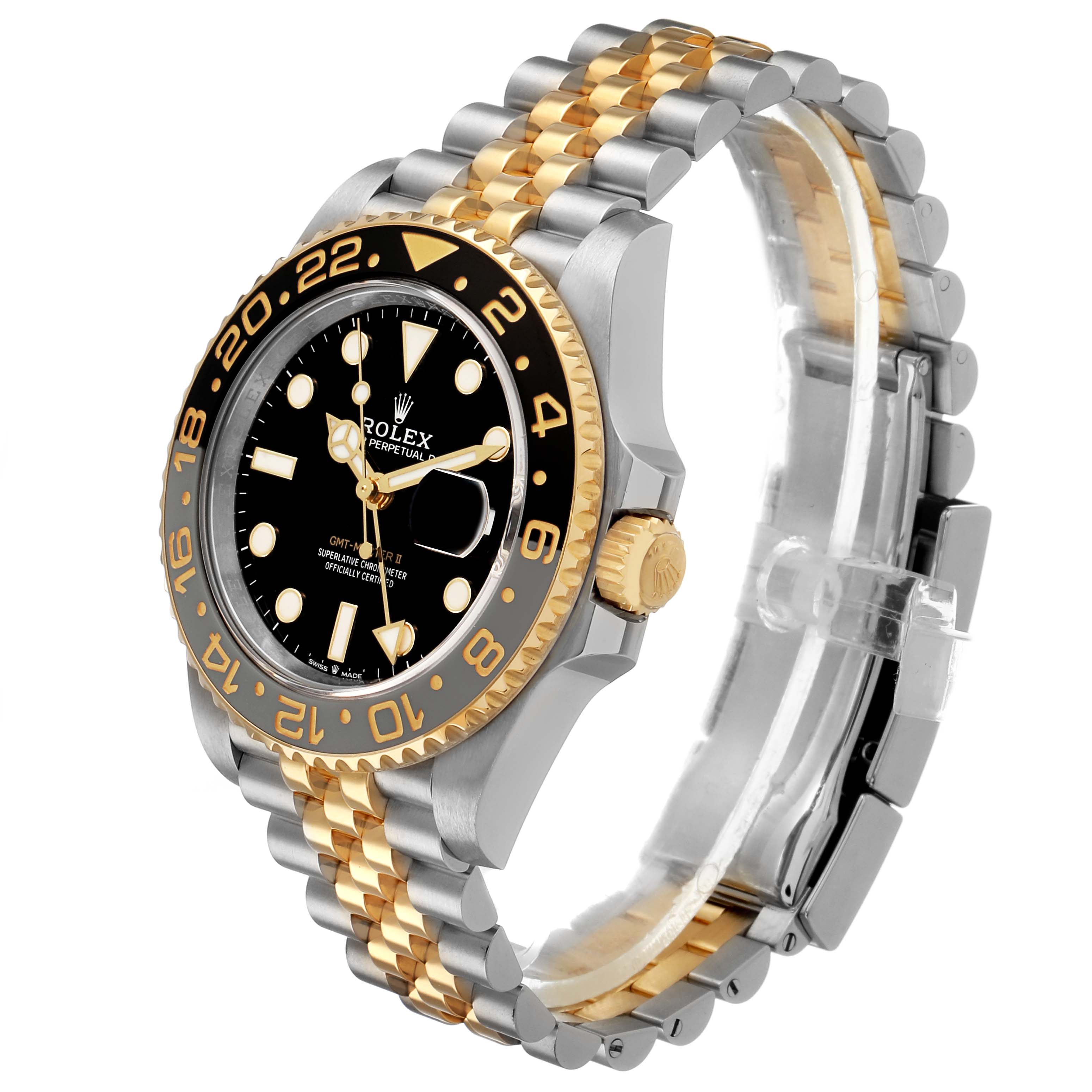 The Rolex GMT-Master 126713GRNR Men's Steel and Gold (two tone) Black Dial is shown in a three-quarter angle, highlighting its bezel, dial, crown, and two-tone bracelet.