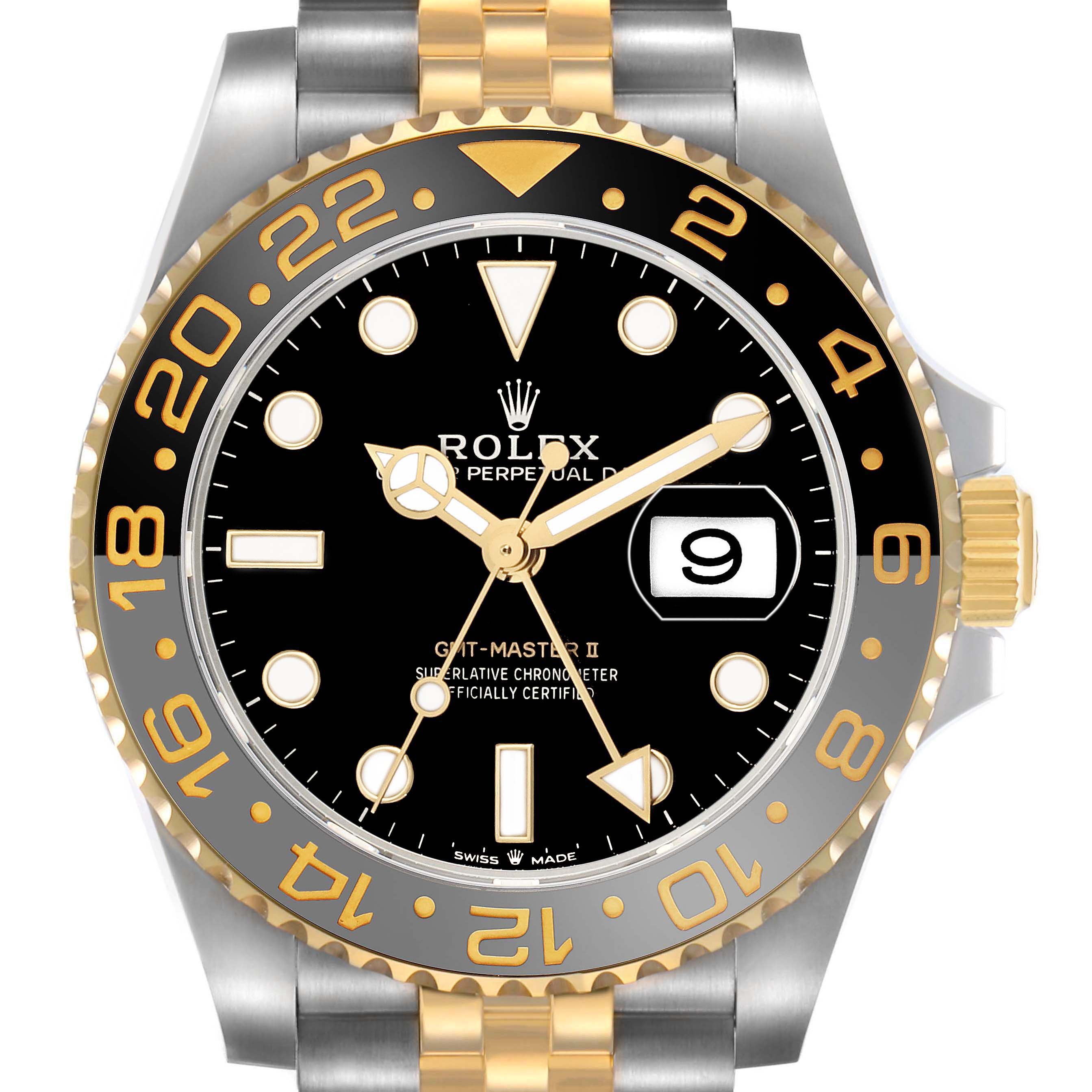 The image shows a front view of a Rolex GMT-Master 126713GRNR Men's Steel and Gold (two tone) Black Dial II watch, highlighting the bezel, dial, hands, and bracelet.