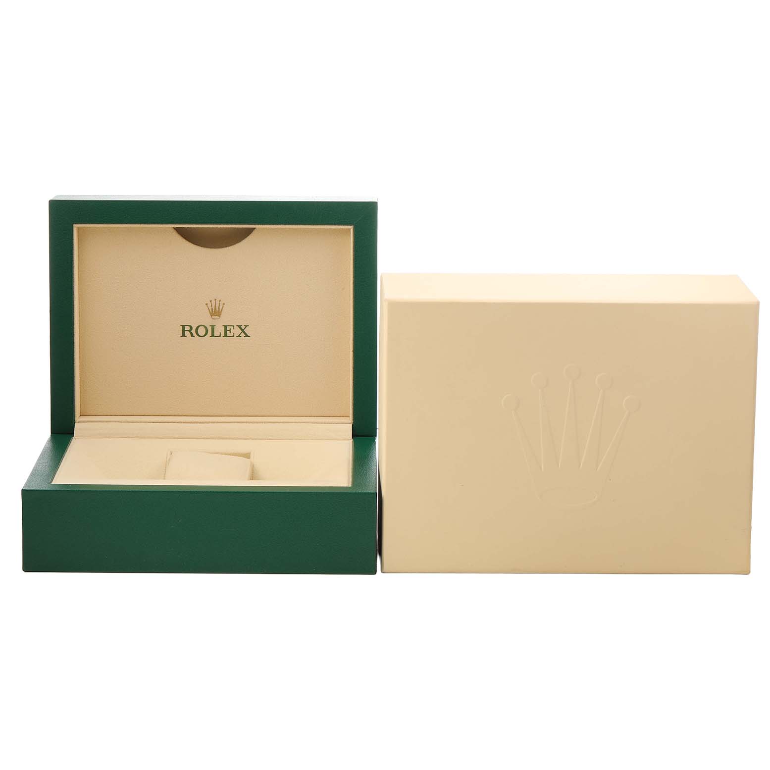The image shows an open Rolex GMT-Master 126713GRNR Men's Steel and Gold (two tone) Black Dial watch box with an outer cream-colored box displaying the Rolex crown logo.