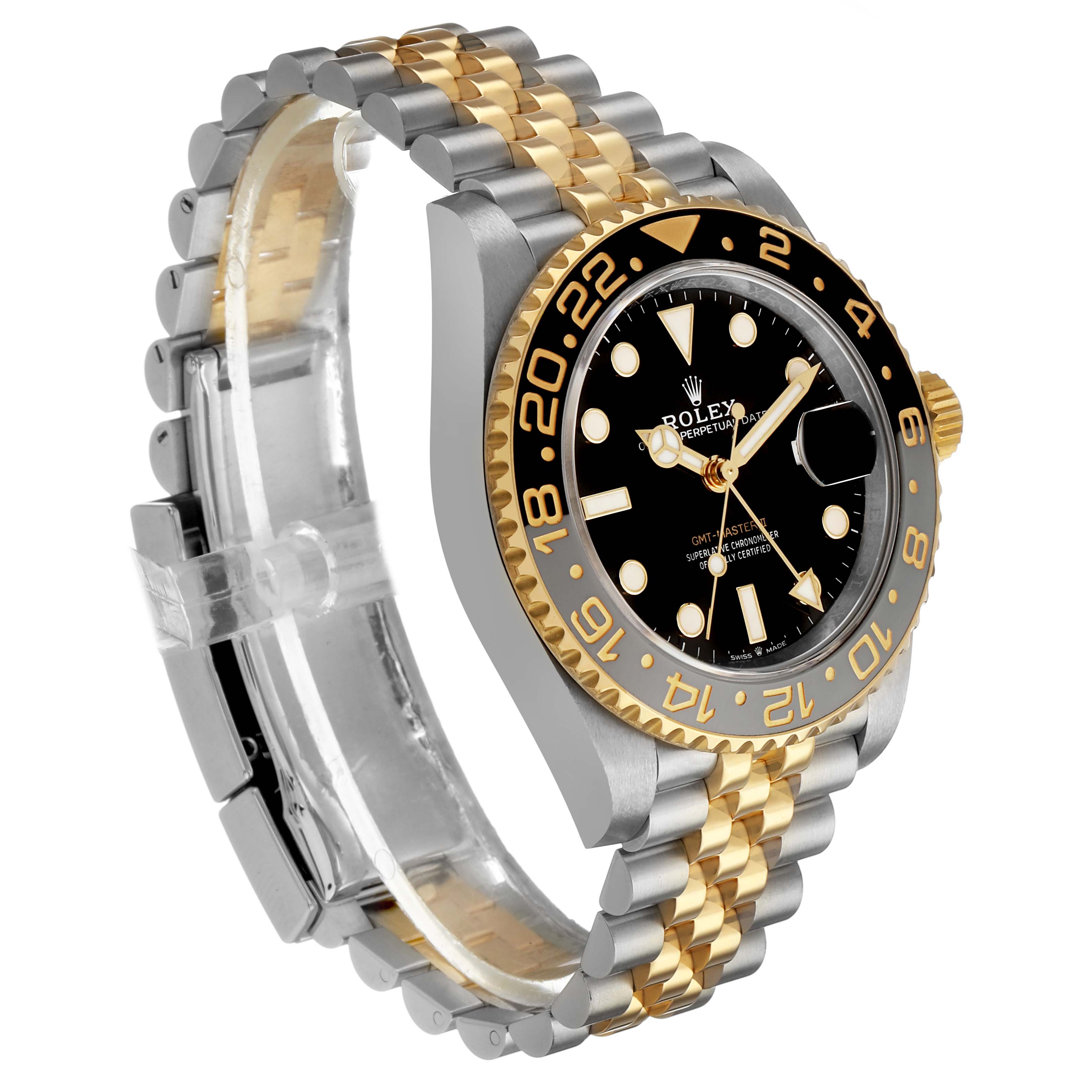 The Rolex GMT-Master 126713GRNR Men's Steel and Gold (two tone) Black Dial watch is shown at a three-quarter angle, highlighting the bezel, dial, and two-tone bracelet.
