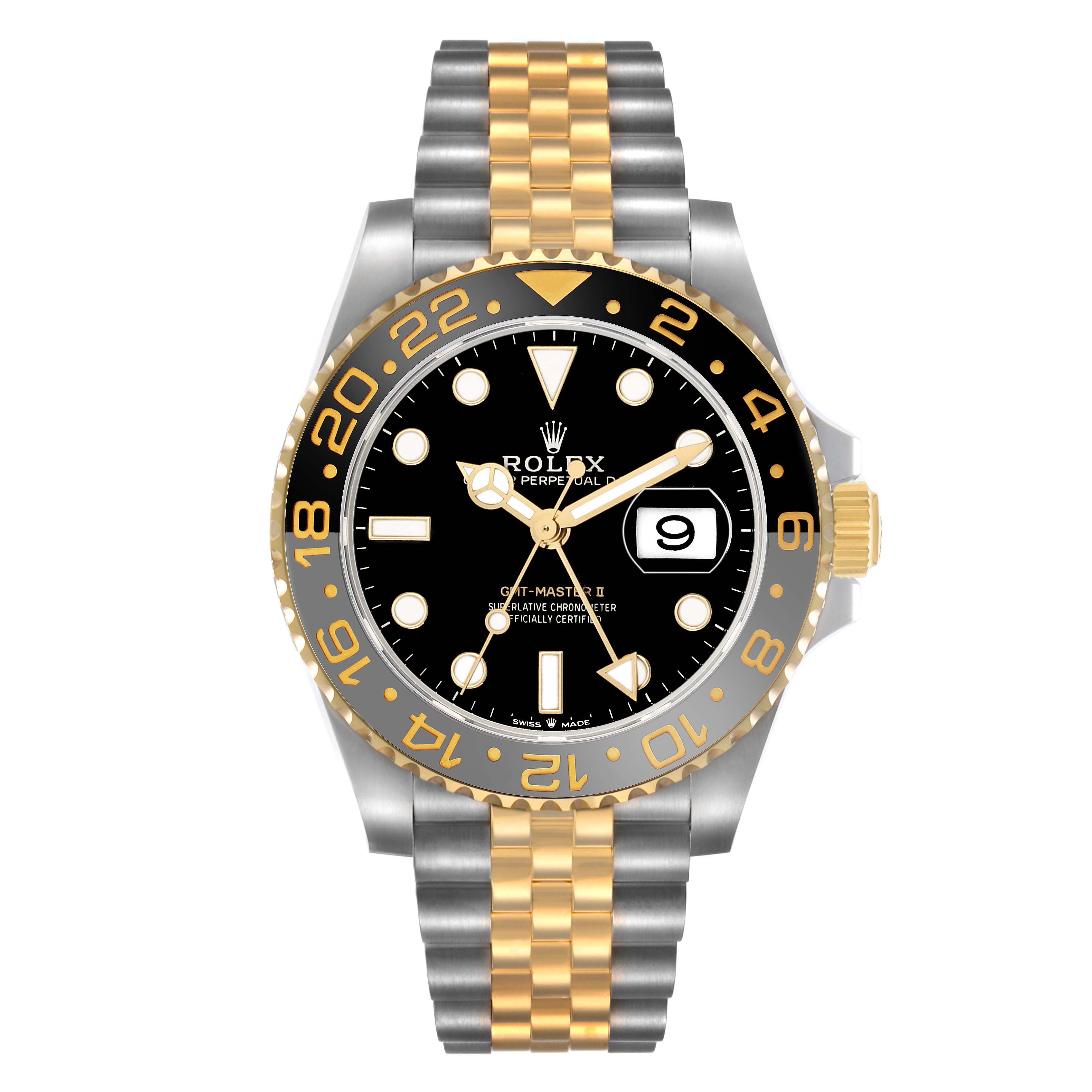 The Rolex GMT-Master 126713GRNR Men's Steel and Gold (two tone) Black Dial watch is shown from a front angle, highlighting the bezel, dial, hands, and two-tone bracelet.