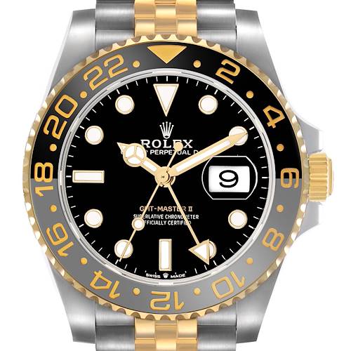 The Rolex GMT-Master 126713GRNR Men's Steel and Gold (two tone) Black Dial II watch is shown from a front angle, highlighting the bezel, dial, hands, and bracelet.