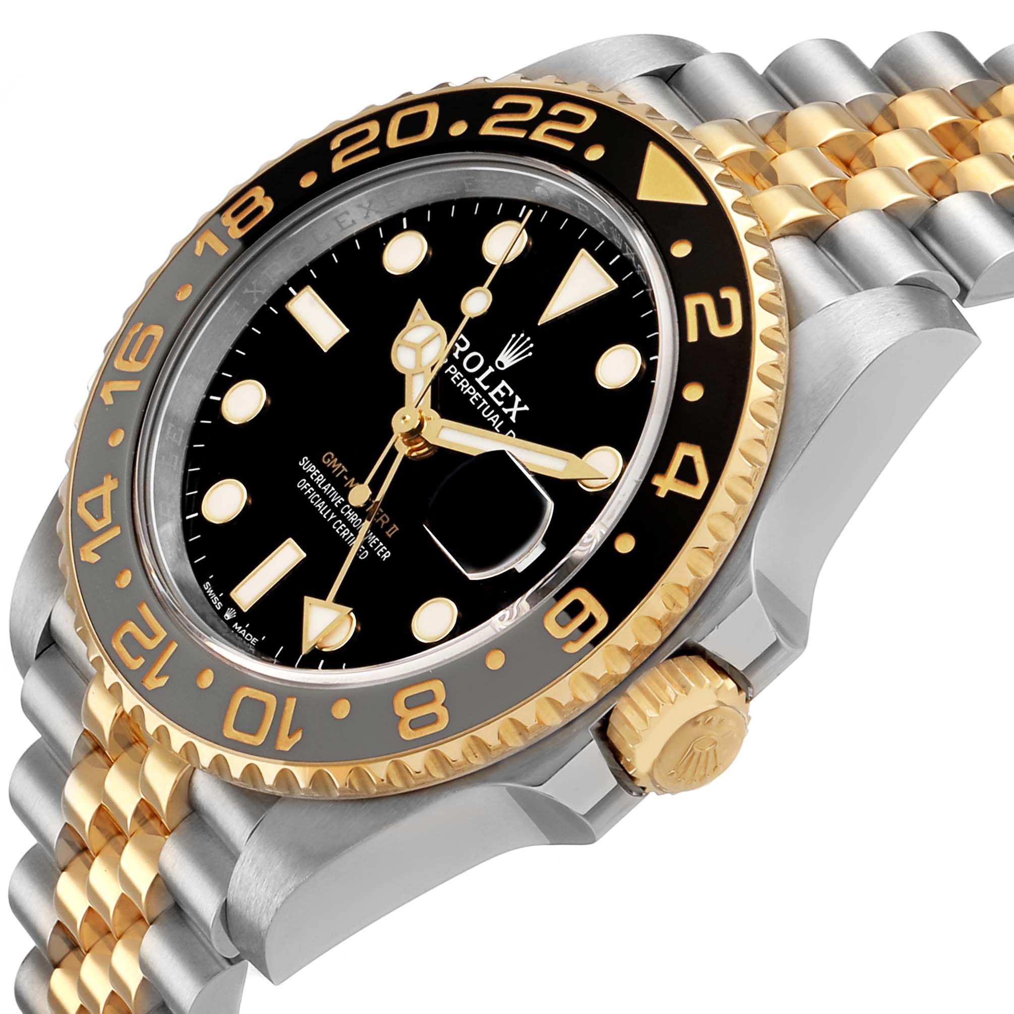 The Rolex GMT-Master 126713GRNR Men's Steel and Gold (two tone) Black Dial watch is shown at an angled close-up, highlighting the bezel, dial, crown, and part of the bracelet.