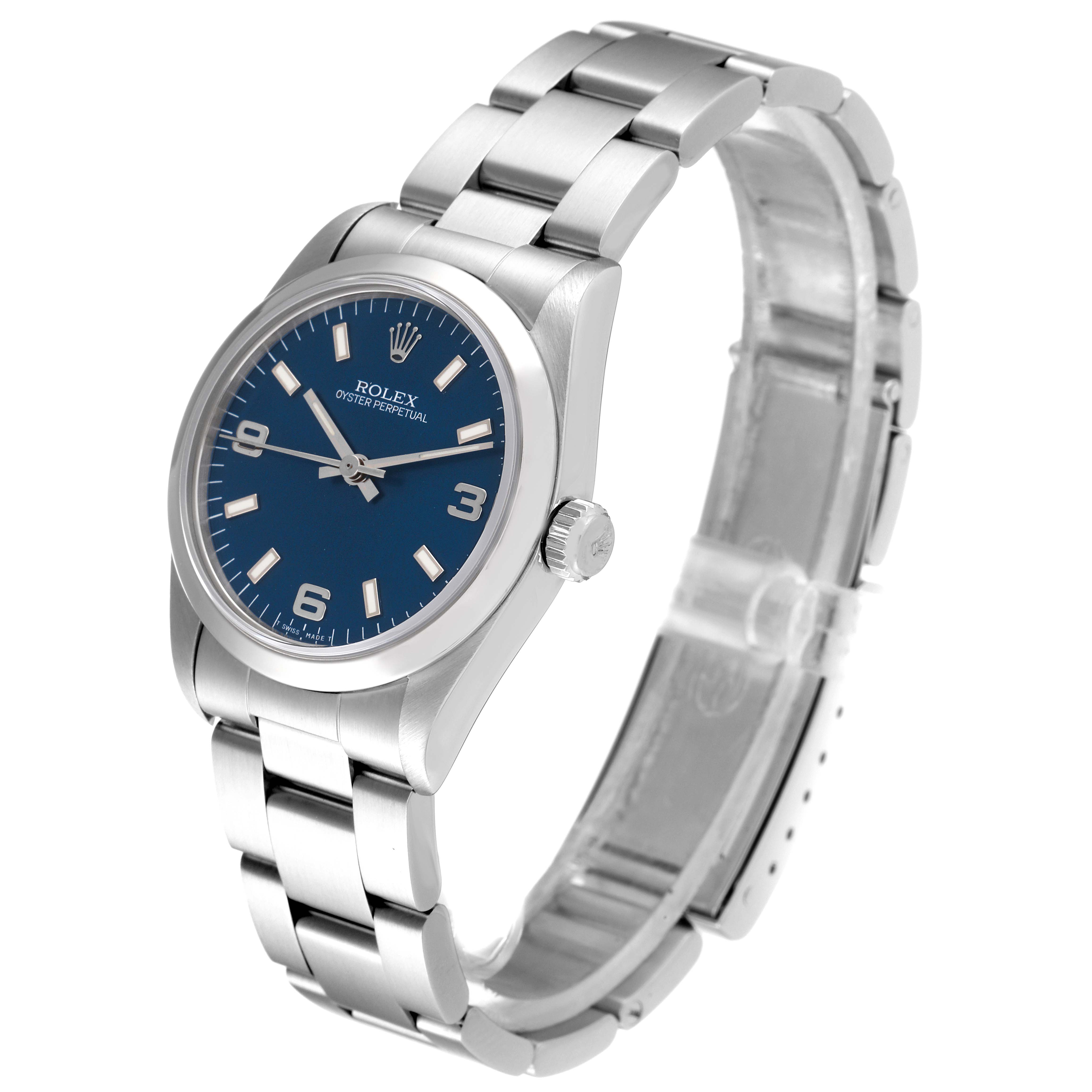The image shows a Rolex Mid-Size 67480 Women's Stainless Steel Blue Dial 67480 Women's Stainless Steel Blue Dial Oyster Perpetual watch from a front angle, highlighting the bracelet and blue dial.