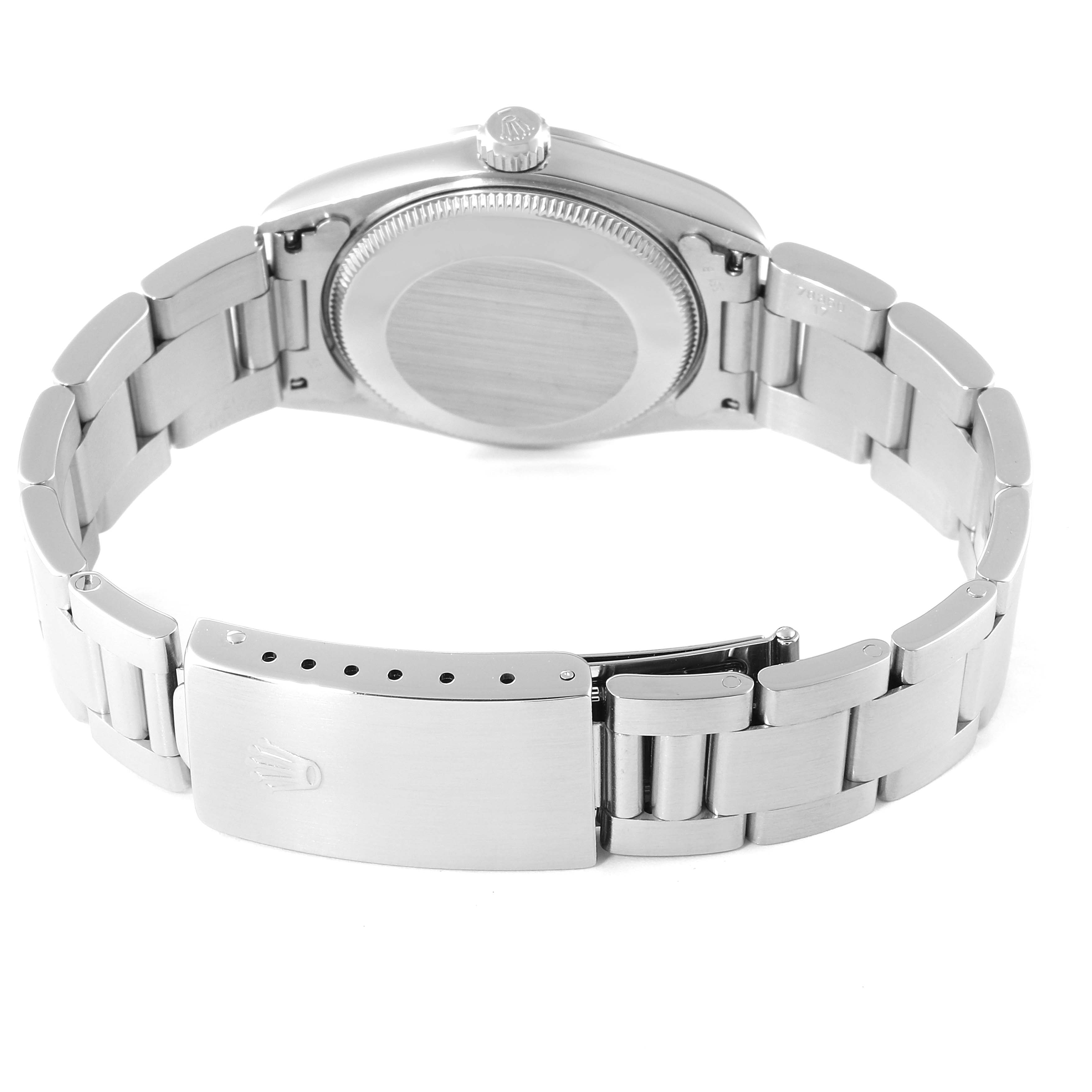 The image shows the back view of a Mid-Size Rolex watch, highlighting the case back, crown, and bracelet.