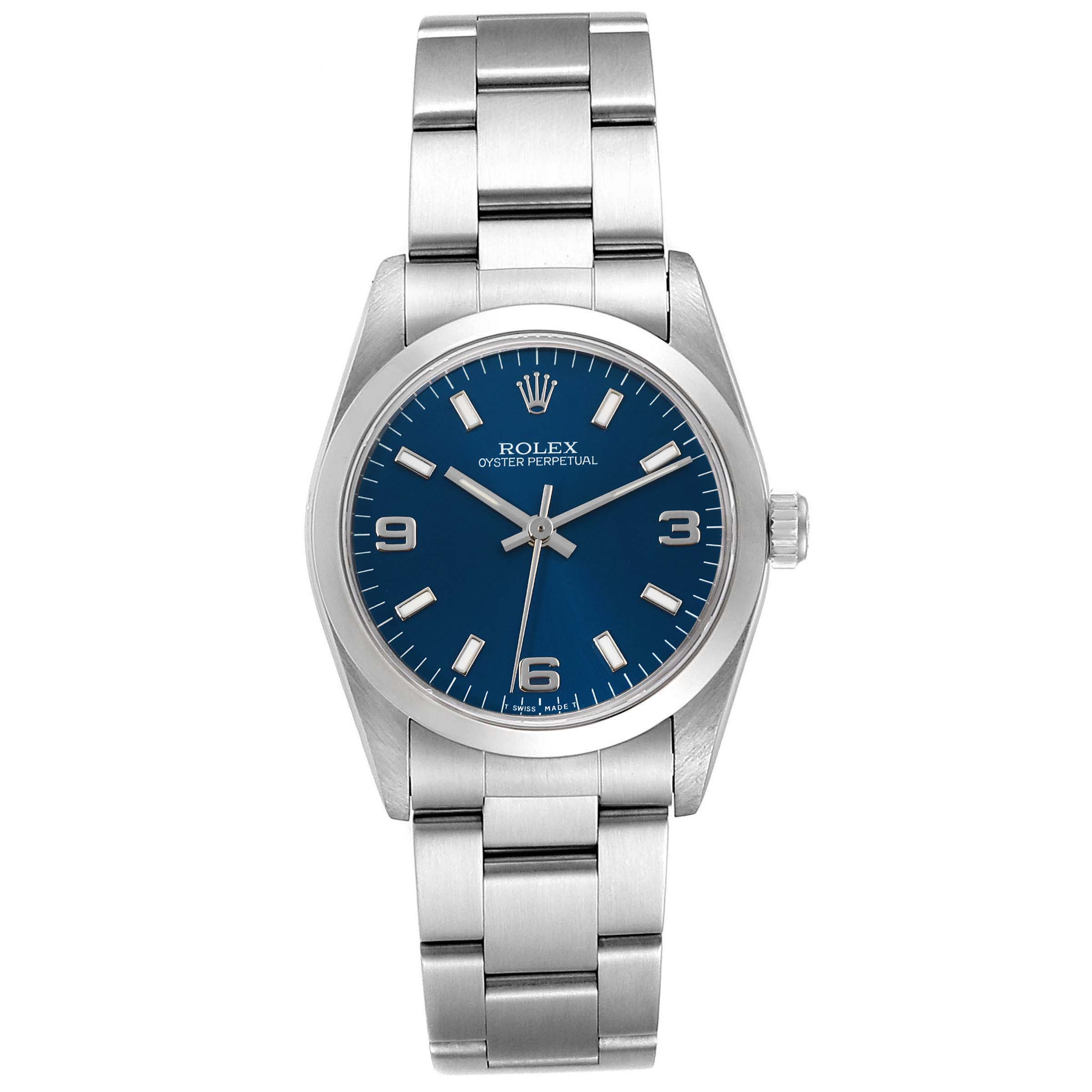 The image shows a front view of the Rolex Mid-Size 67480 Women's Stainless Steel Blue Dial 67480 Women's Stainless Steel Blue Dial Oyster Perpetual watch, displaying its blue dial and stainless steel bracelet.