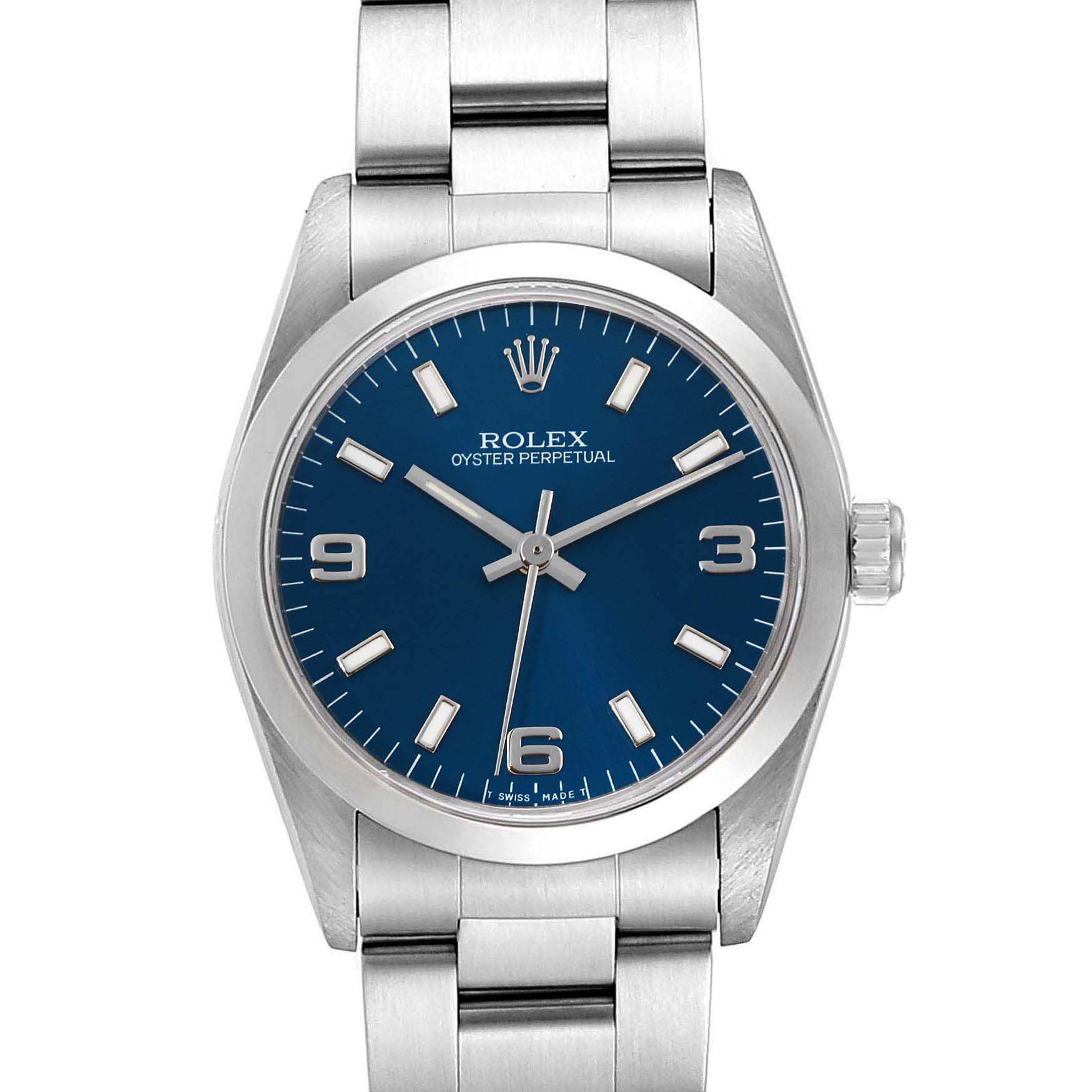 This image shows the front view of a Rolex Oyster Perpetual Mid-Size watch, highlighting the dial, bezel, and bracelet.