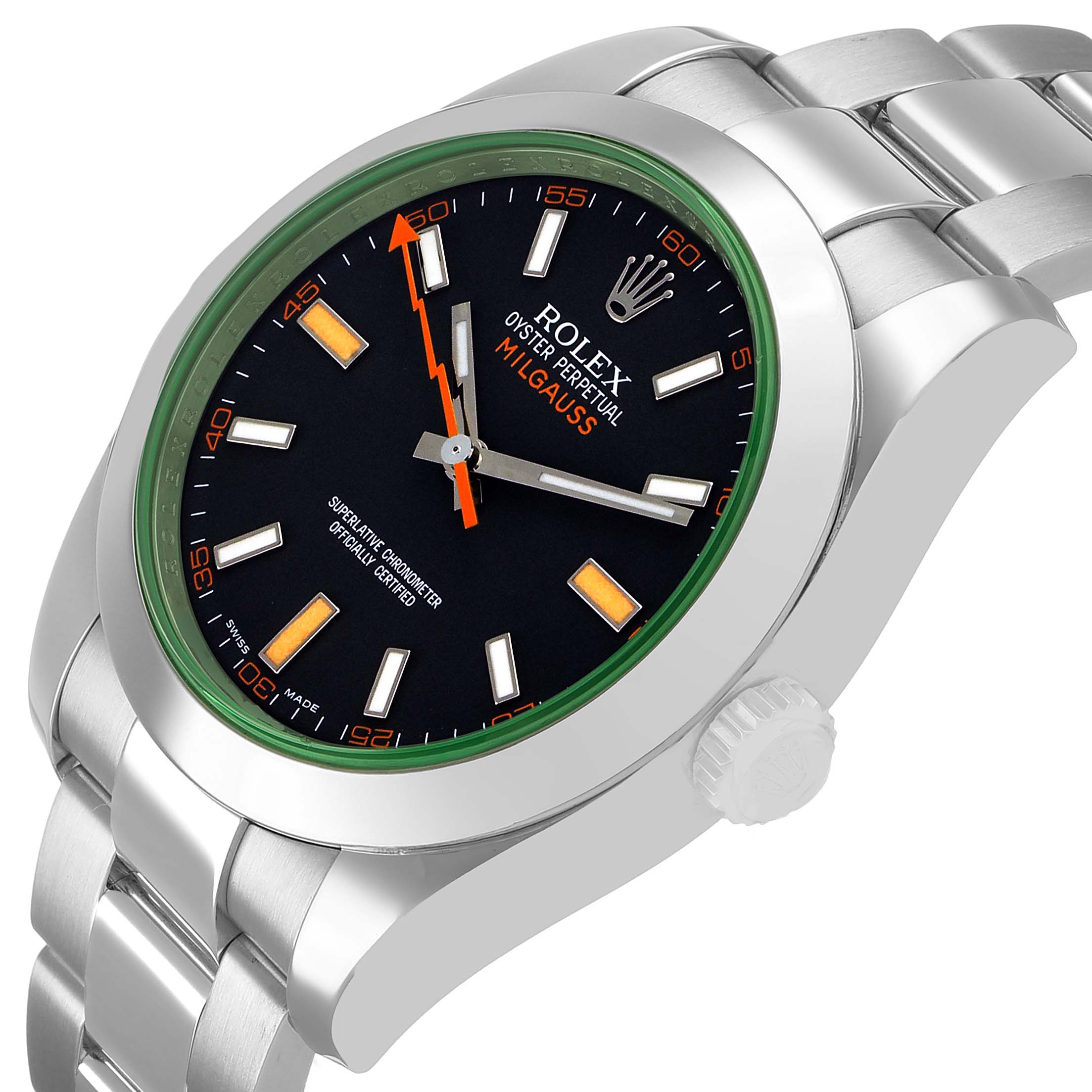 The Rolex Milgauss 116400GV Men's Stainless Steel Black Dial watch is shown at a slight angle, highlighting the face, crown, and part of the bracelet.