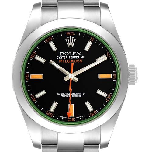 The Rolex Milgauss 116400GV Men's Stainless Steel Black Dial watch is shown from a front angle, highlighting its dial, bezel, and part of the bracelet.