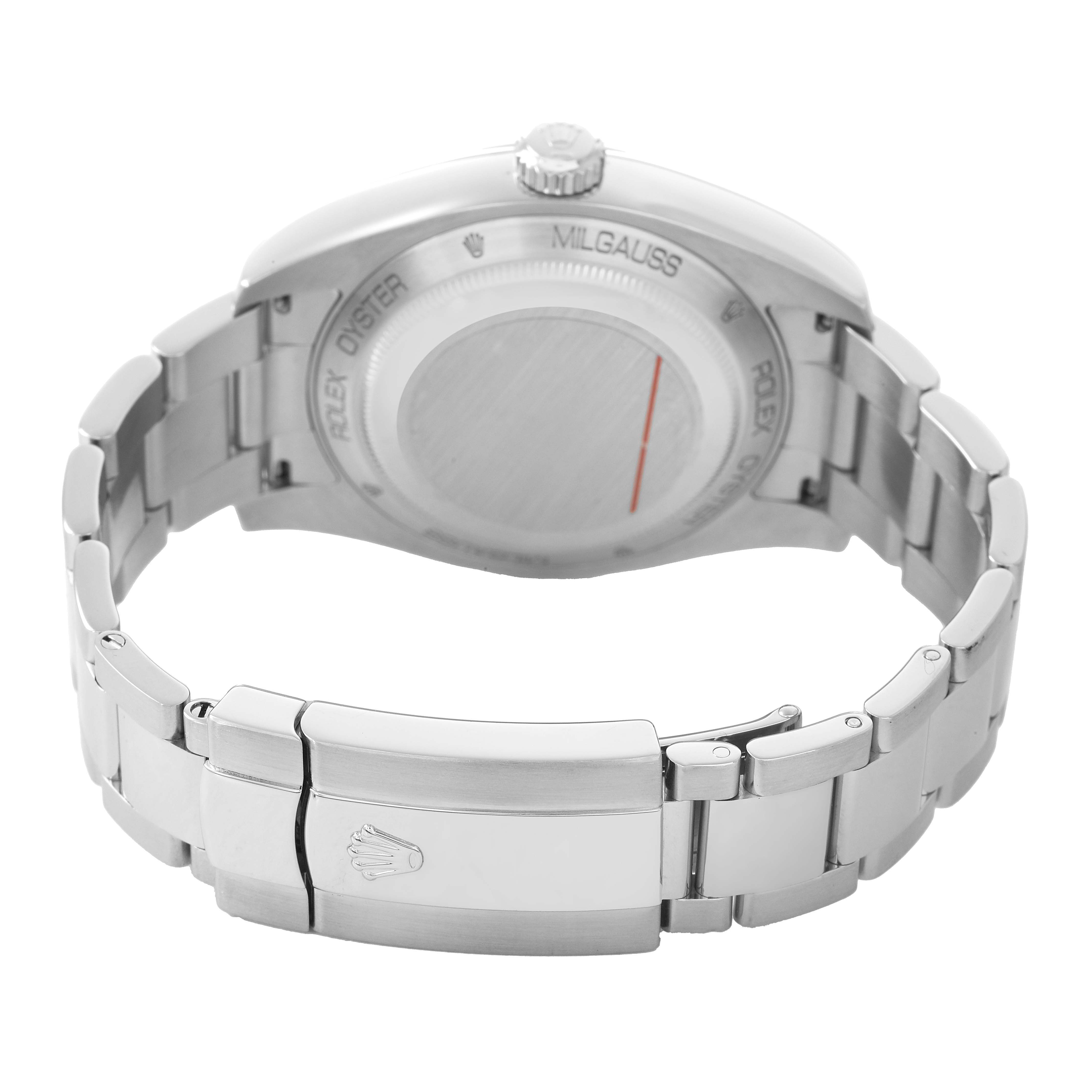 The image shows the back and bracelet clasp of the Rolex Milgauss 116400GV Men's Stainless Steel Black Dial watch from a rear angle.
