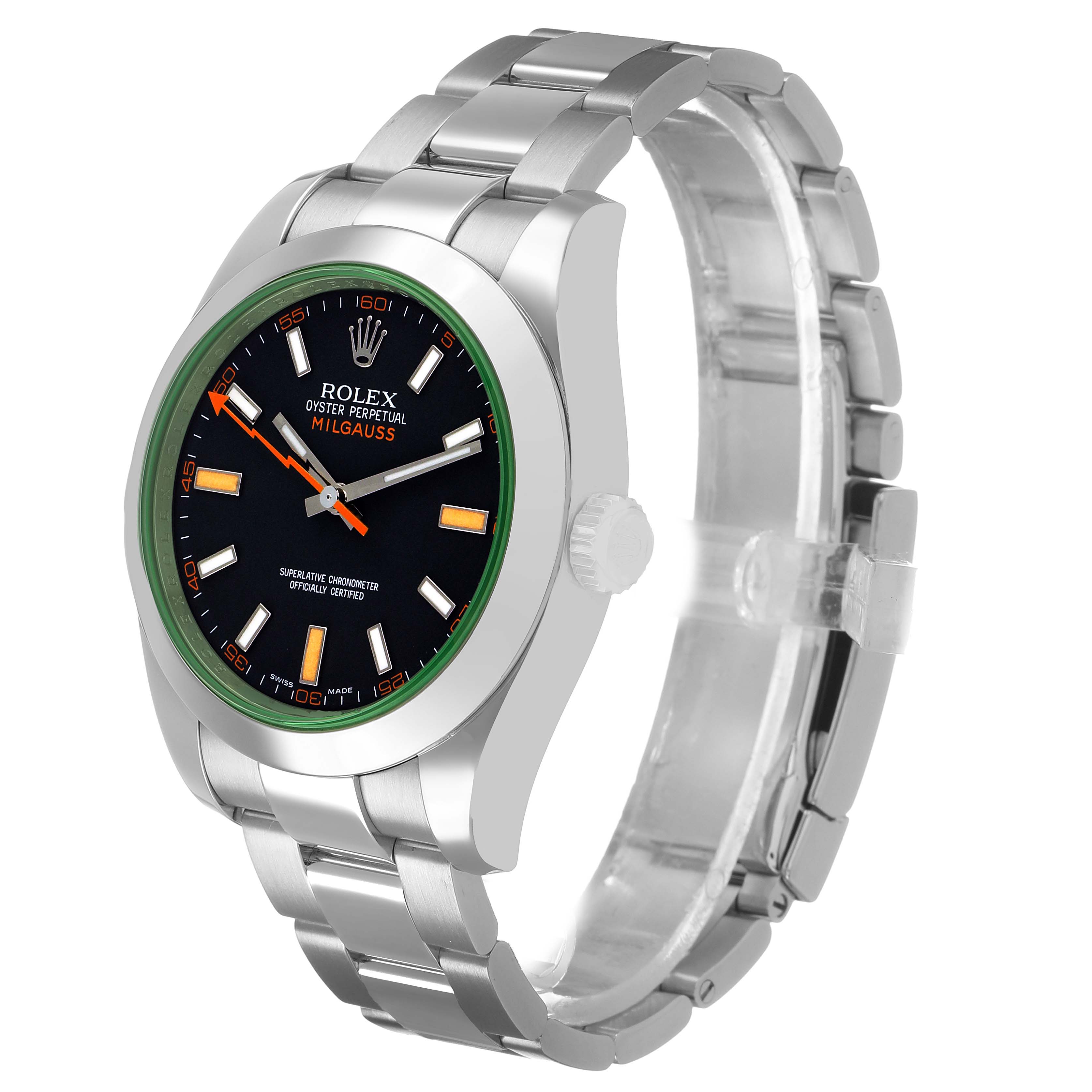 The Rolex Milgauss 116400GV Men's Stainless Steel Black Dial watch is shown at a three-quarter angle highlighting the face, bezel, and bracelet.