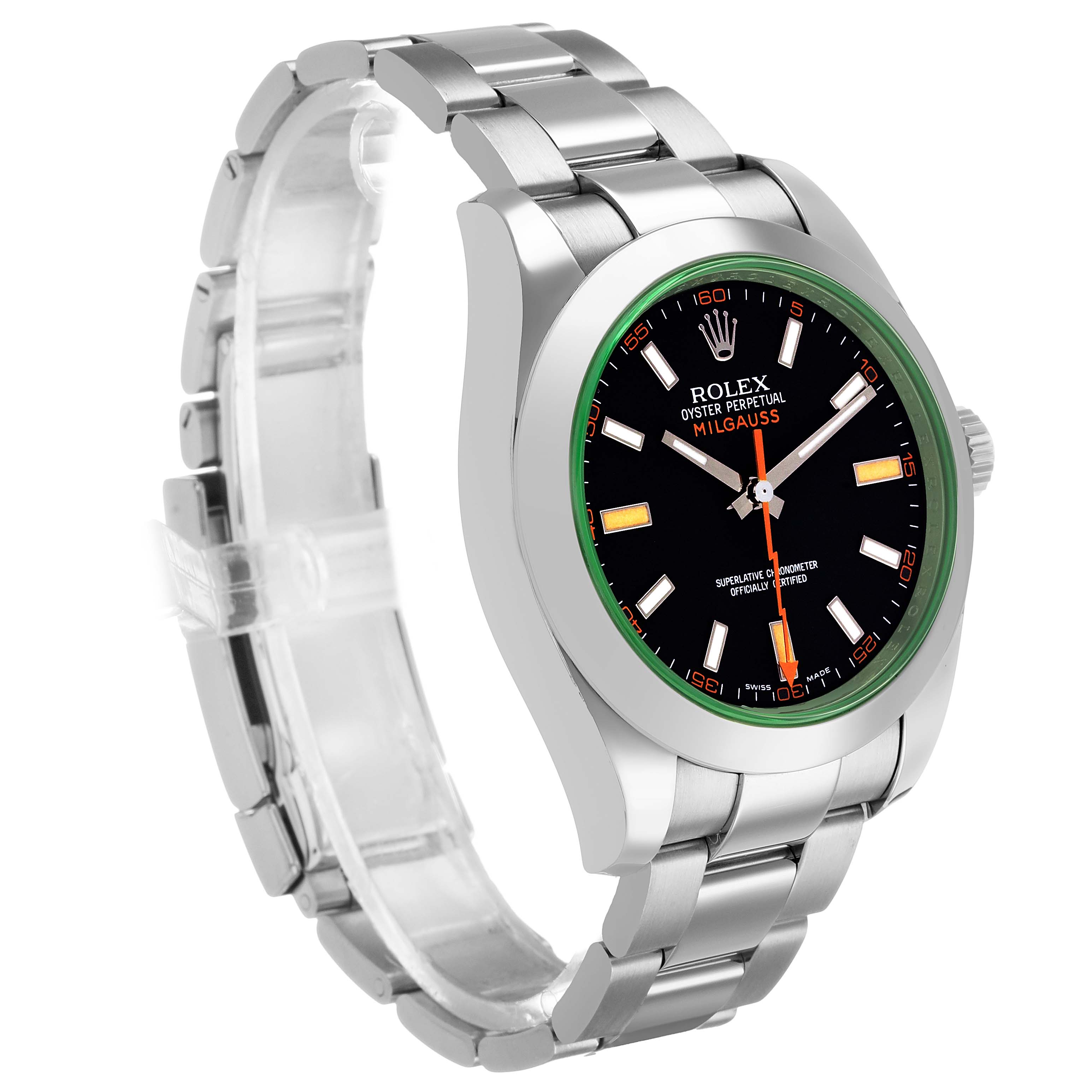 The Rolex Milgauss 116400GV Men's Stainless Steel Black Dial watch is shown from a three-quarter angle, highlighting the face, bezel, and bracelet.