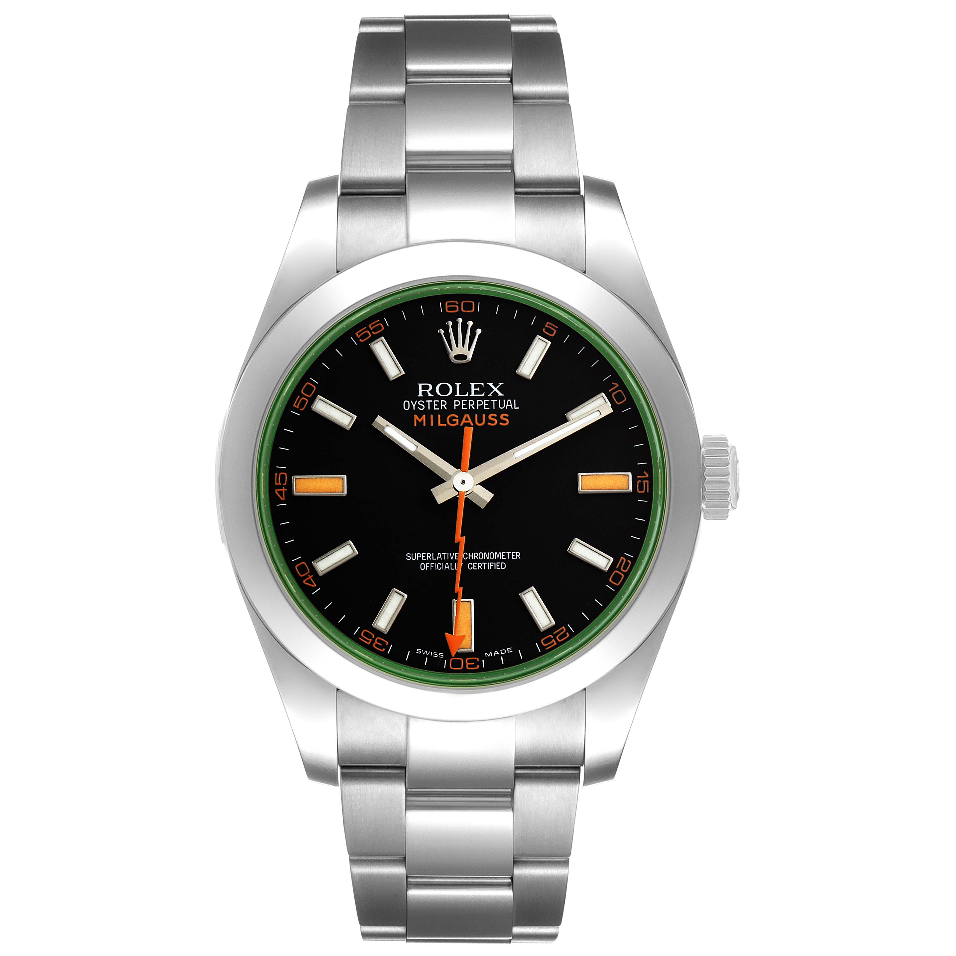 The Rolex Milgauss 116400GV Men's Stainless Steel Black Dial watch is shown from a front angle, displaying its face, bezel, and bracelet.