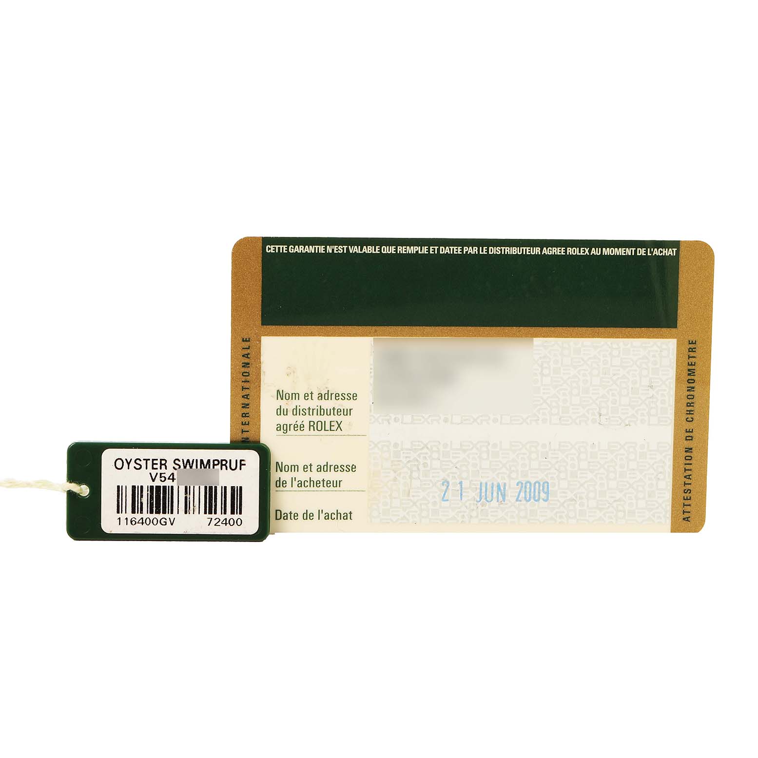 The image shows a Rolex Milgauss 116400GV Men's Stainless Steel Black Dial warranty card and a green tag with model details.
