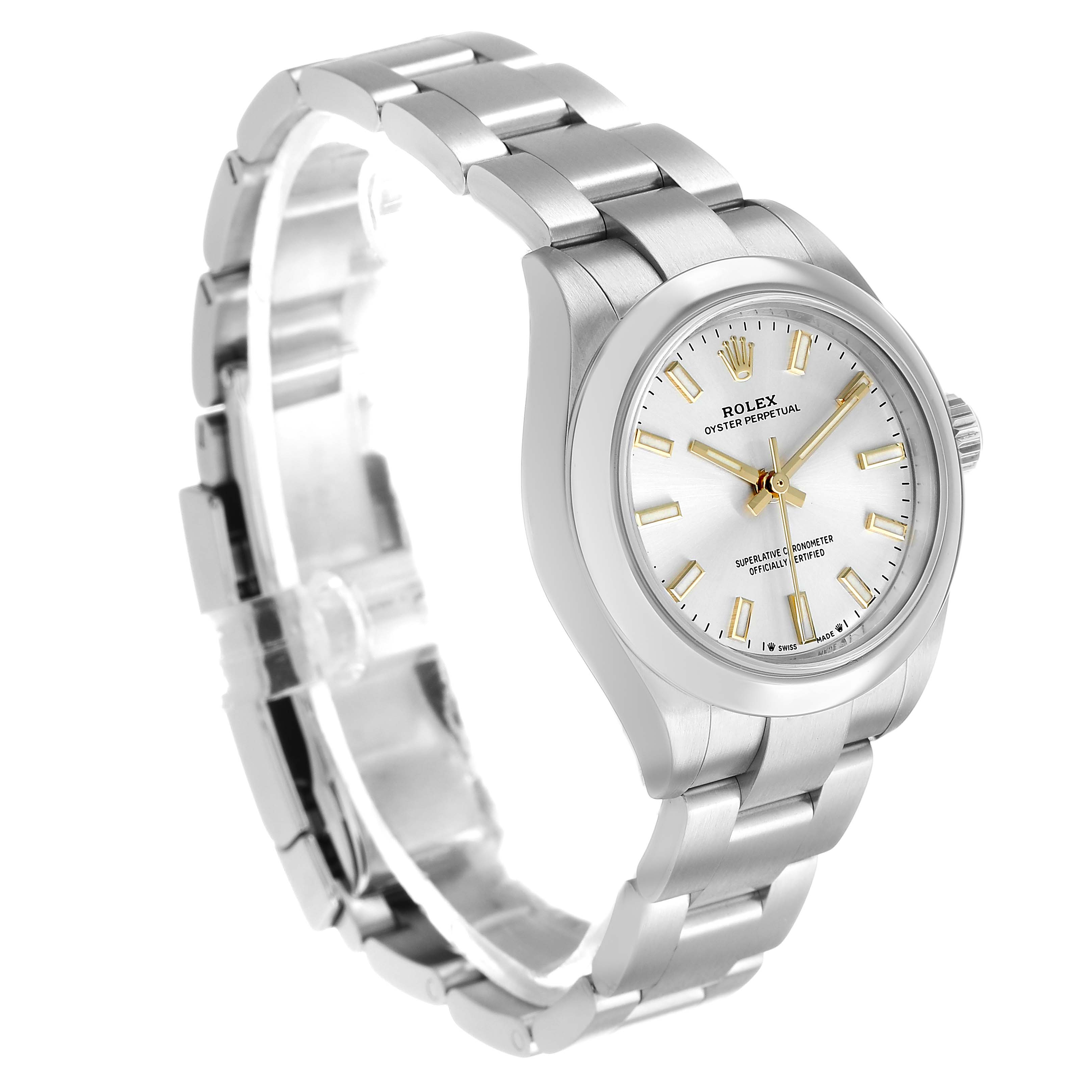 The Rolex Oyster Perpetual 276200 Women's Stainless Steel Silver Dial watch is shown at a slight angle, highlighting the stainless steel case, bracelet, and dial.