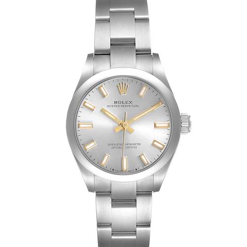 The Rolex Oyster Perpetual 276200 Women's Stainless Steel Silver Dial watch is shown from a frontal angle, highlighting its dial, bezel, and bracelet.