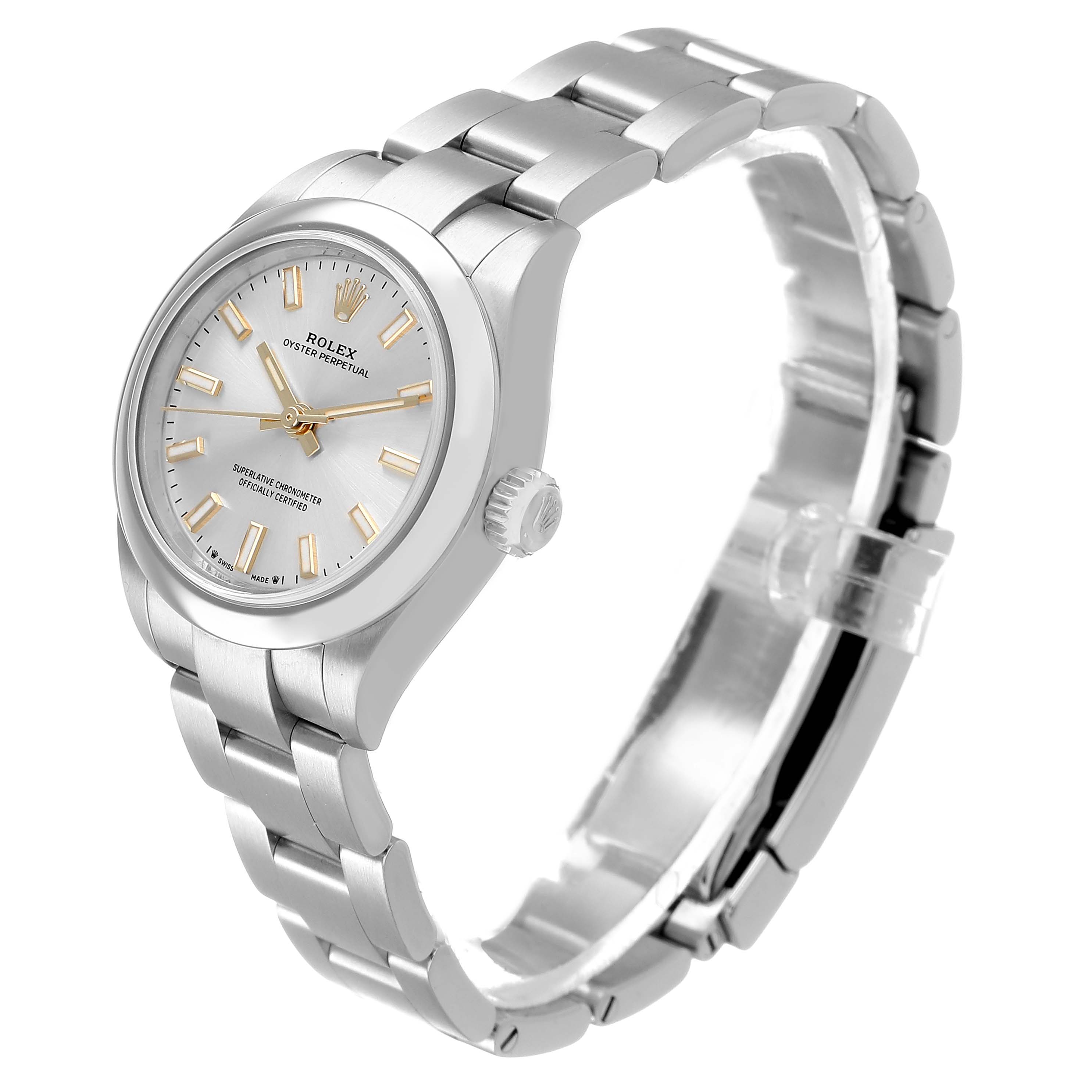 The Rolex Oyster Perpetual 276200 Women's Stainless Steel Silver Dial watch is shown at a three-quarter angle highlighting the dial, bracelet, and crown.