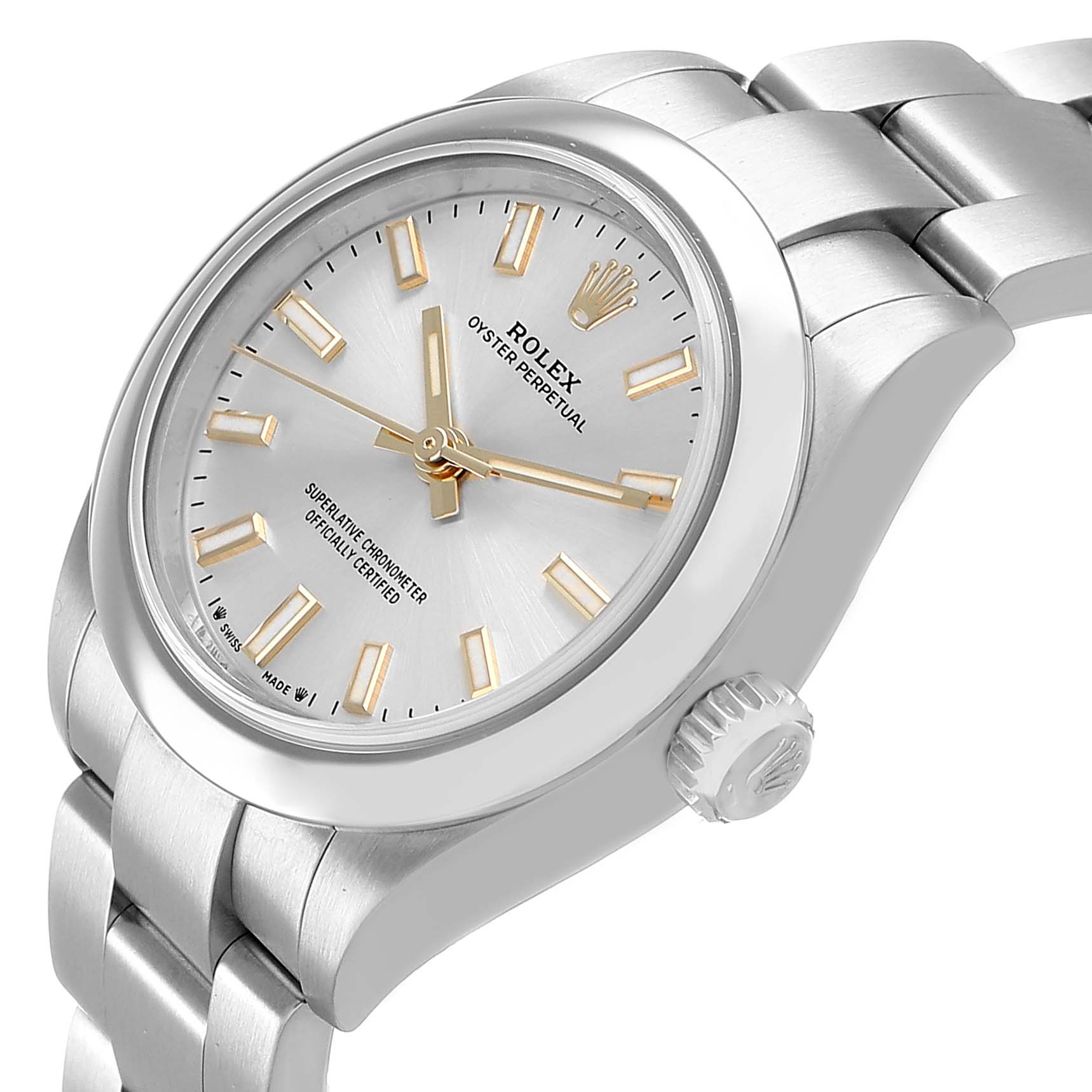 The Rolex Oyster Perpetual 276200 Women's Stainless Steel Silver Dial watch is shown at a slight angle, highlighting the dial, case, and bracelet.