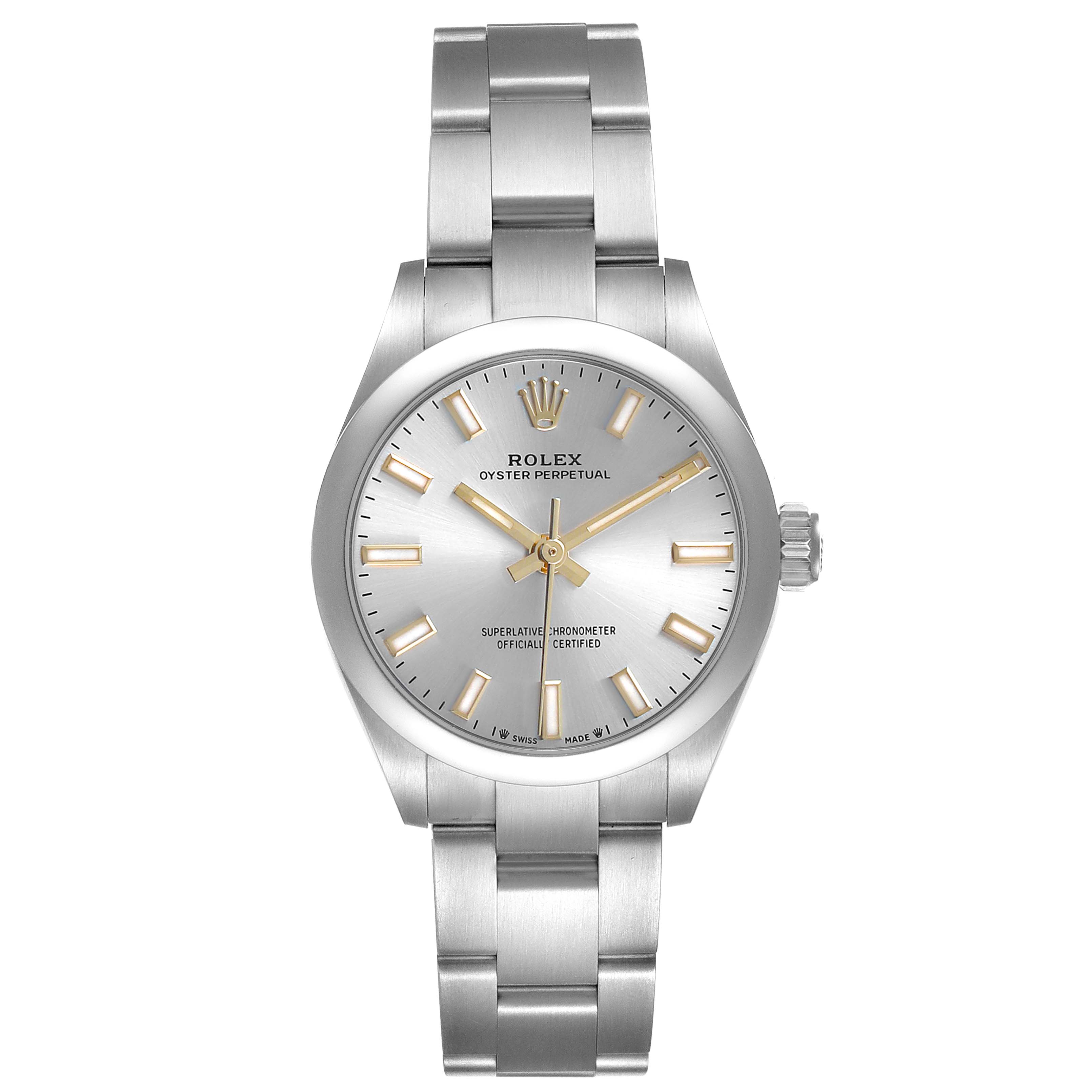 The Rolex Oyster Perpetual 276200 Women's Stainless Steel Silver Dial watch is shown from a front angle, highlighting the face, dial, bezel, and bracelet.