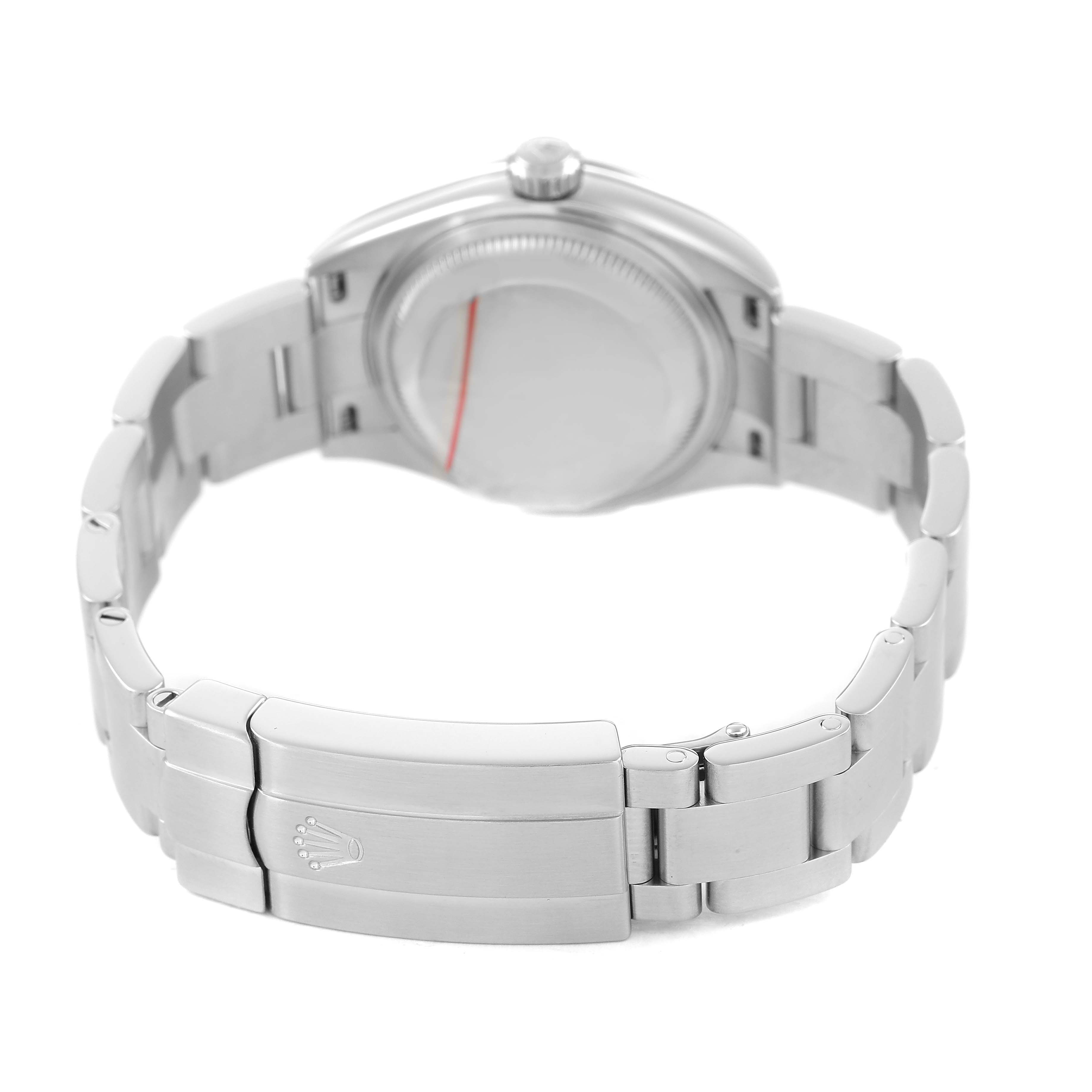 The image shows the back and clasp of a Rolex Oyster Perpetual 276200 Women's Stainless Steel Silver Dial watch with a metal bracelet and visible crown logo.