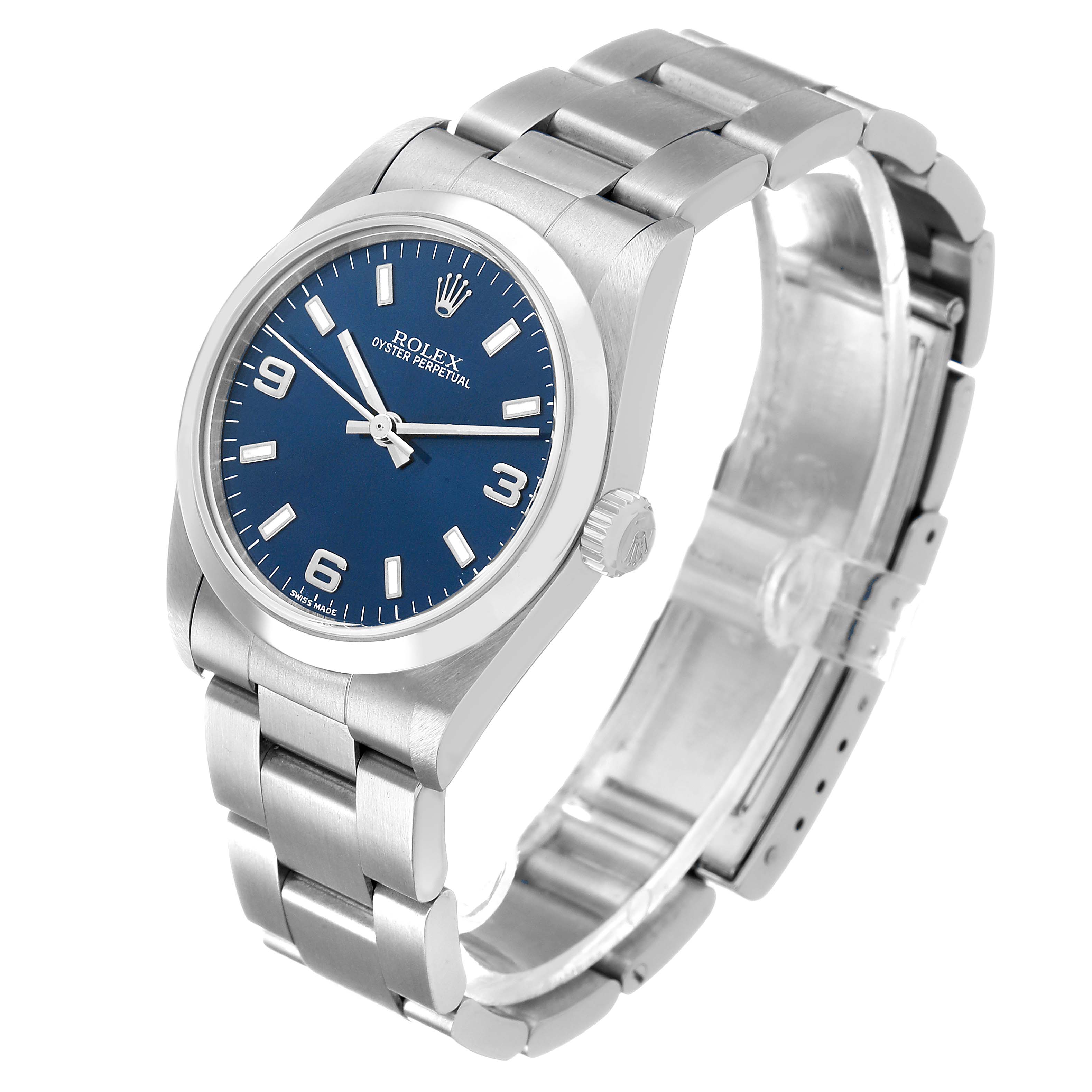 The Rolex Oyster Perpetual 77080 Women's Stainless Steel Blue Dial watch is shown at a three-quarter angle, displaying the blue dial, bezel, crown, and bracelet.