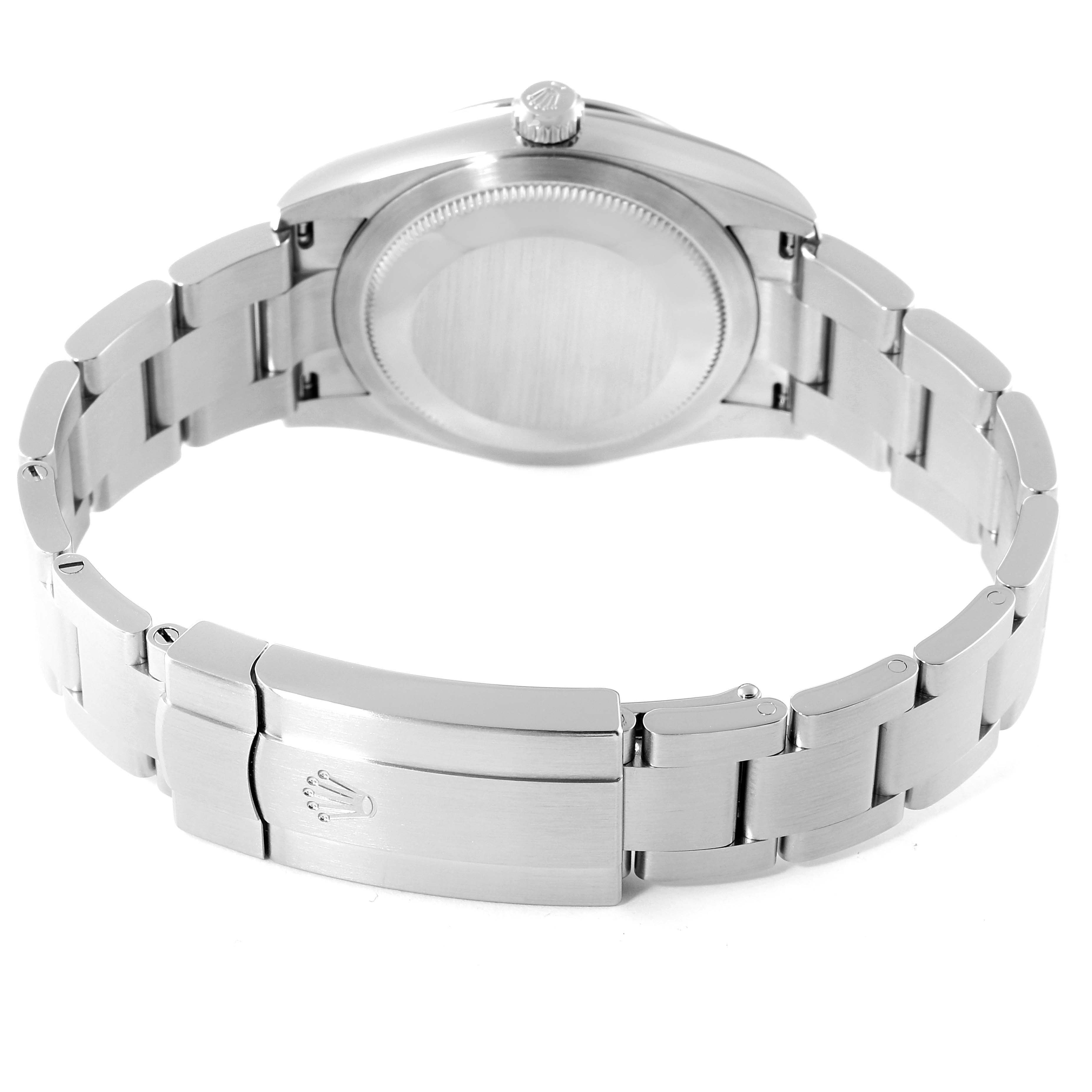 This image shows the back view of a Rolex Oyster Perpetual 124200 Men's Stainless Steel Blue Dial 124200 Men's Stainless Steel Blue Dial watch, highlighting the case back and the bracelet with the clasp.