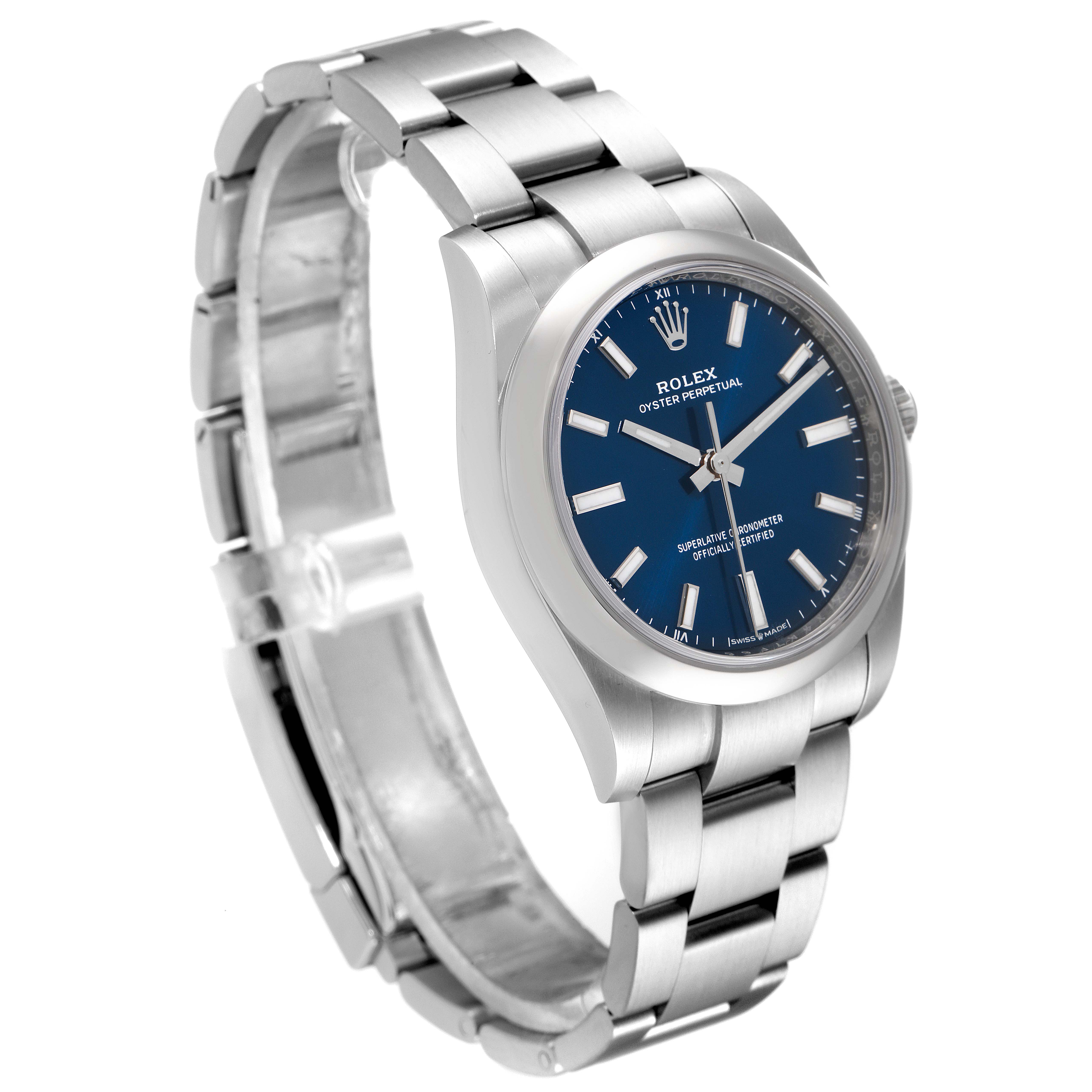 The image shows a Rolex Oyster Perpetual 124200 Men's Stainless Steel Blue Dial 124200 Men's Stainless Steel Blue Dial watch from an angle slightly above and to the right, displaying the face and bracelet.