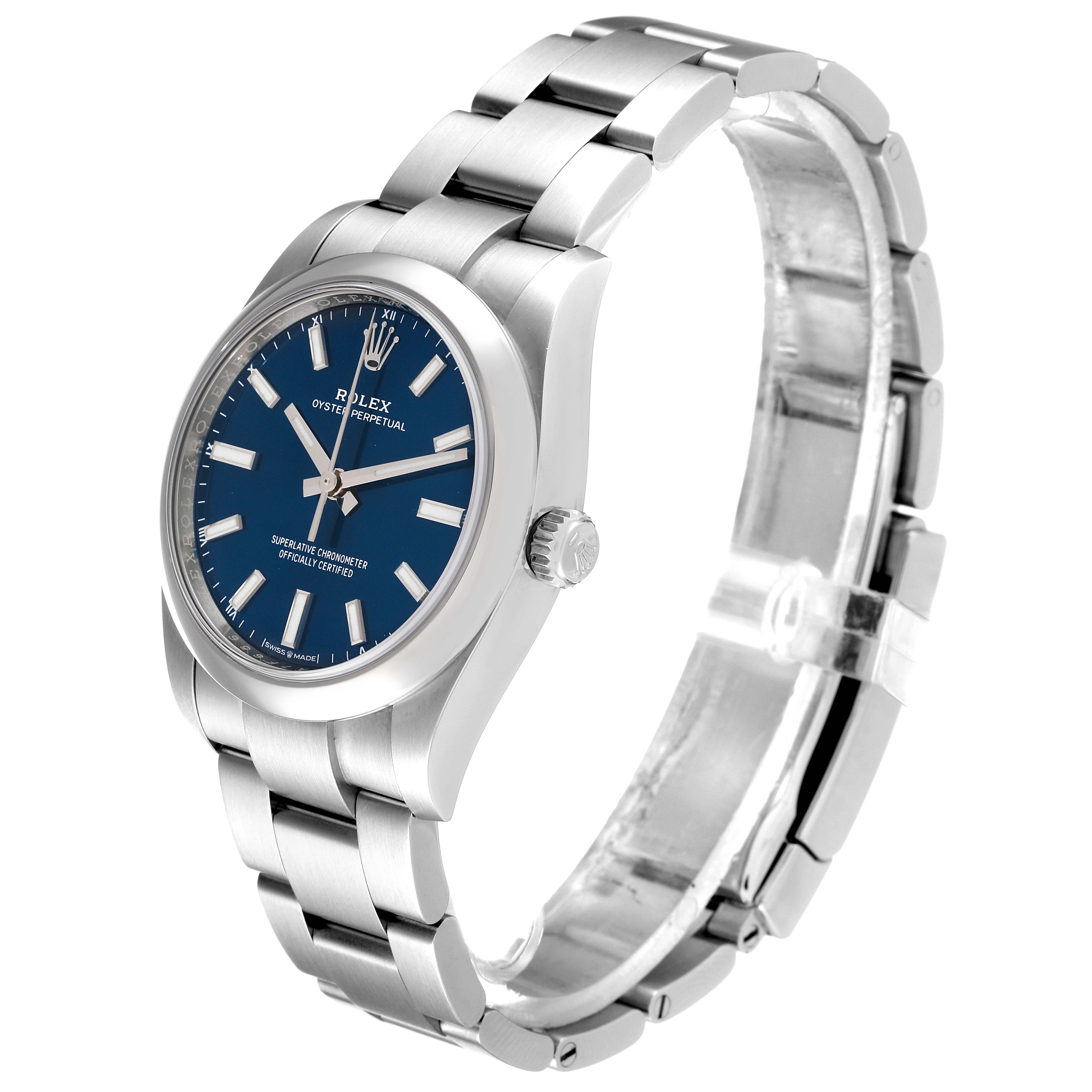 The Rolex Oyster Perpetual 124200 Men's Stainless Steel Blue Dial 124200 Men's Stainless Steel Blue Dial watch is shown at a slight angle, highlighting its case, dial, bracelet, and clasp.