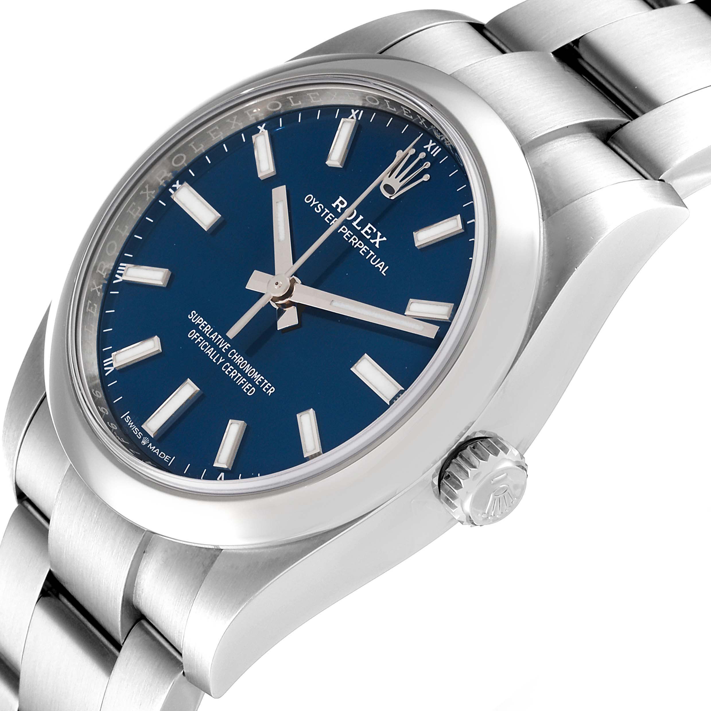 This image shows a side and partial face angle of the Rolex Oyster Perpetual 124200 Men's Stainless Steel Blue Dial 124200 Men's Stainless Steel Blue Dial watch, focusing on the bezel, dial, and bracelet.