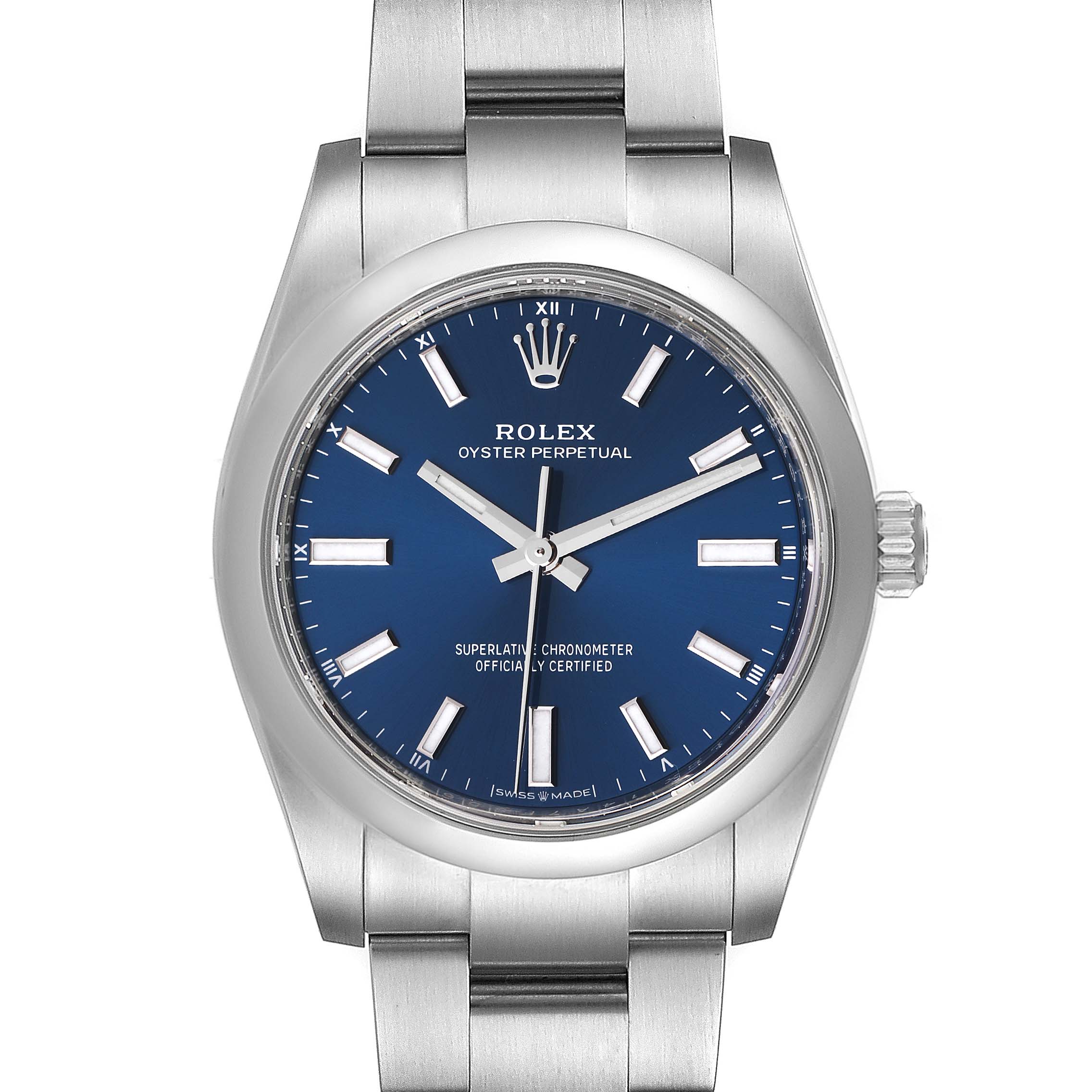 The image shows a front view of the Rolex Oyster Perpetual 124200 Men's Stainless Steel Blue Dial 124200 Men's Stainless Steel Blue Dial watch, highlighting the blue dial, crown, and stainless steel bracelet.