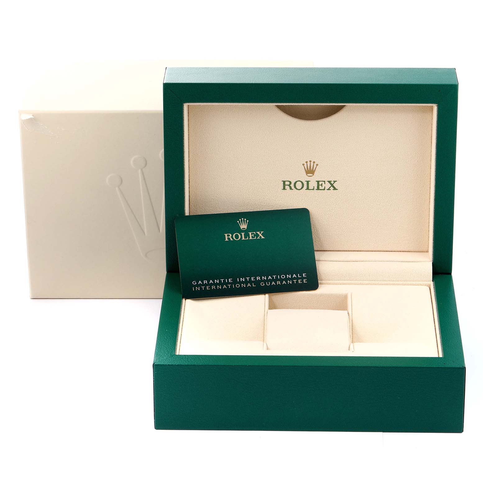 The image shows an open Rolex Oyster Perpetual 124200 Men's Stainless Steel Blue Dial 124200 Men's Stainless Steel Blue Dial watch box displaying the warranty card and inner compartments.