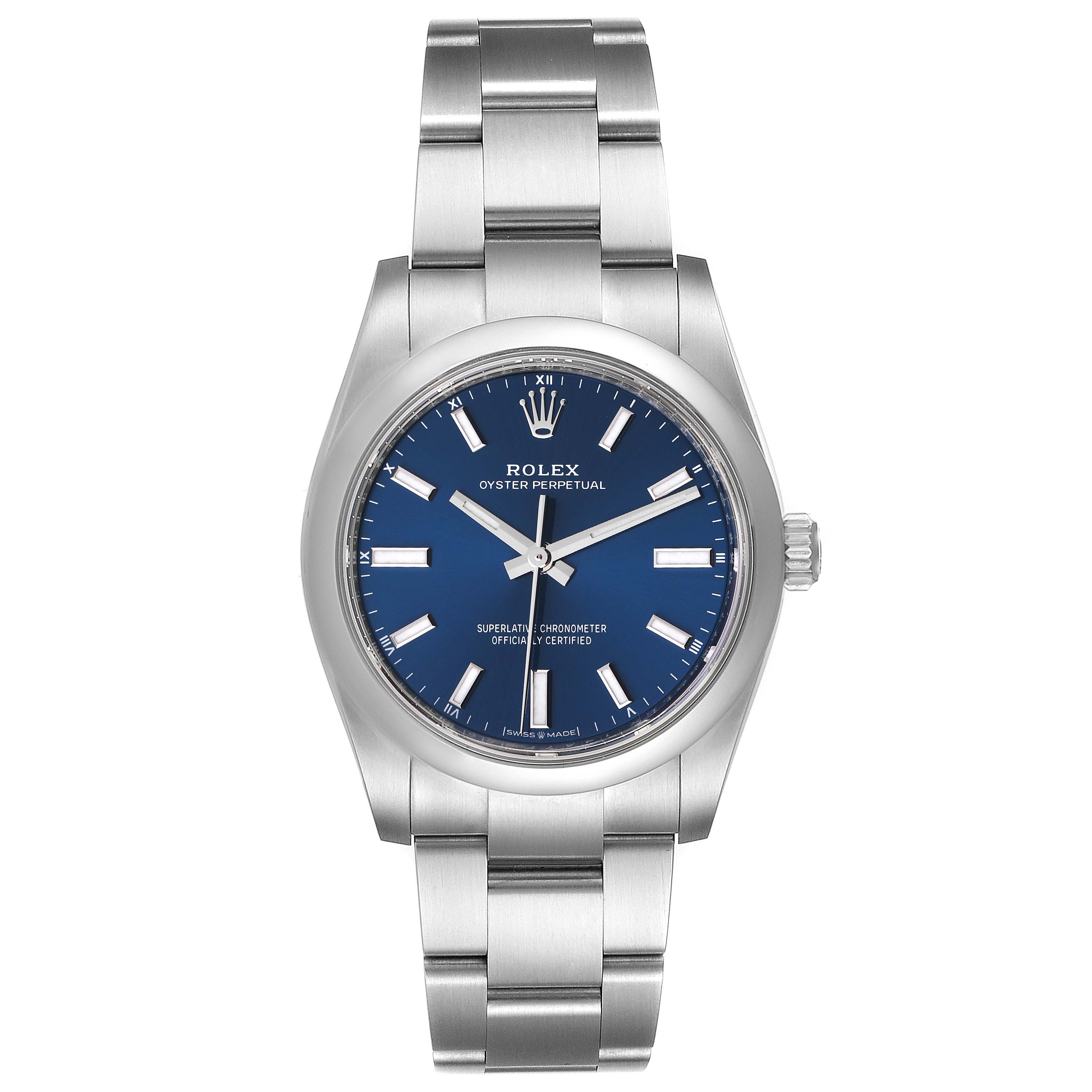 This image shows a frontal view of a Rolex Oyster Perpetual 124200 Men's Stainless Steel Blue Dial 124200 Men's Stainless Steel Blue Dial watch, highlighting its face, crown, and bracelet.