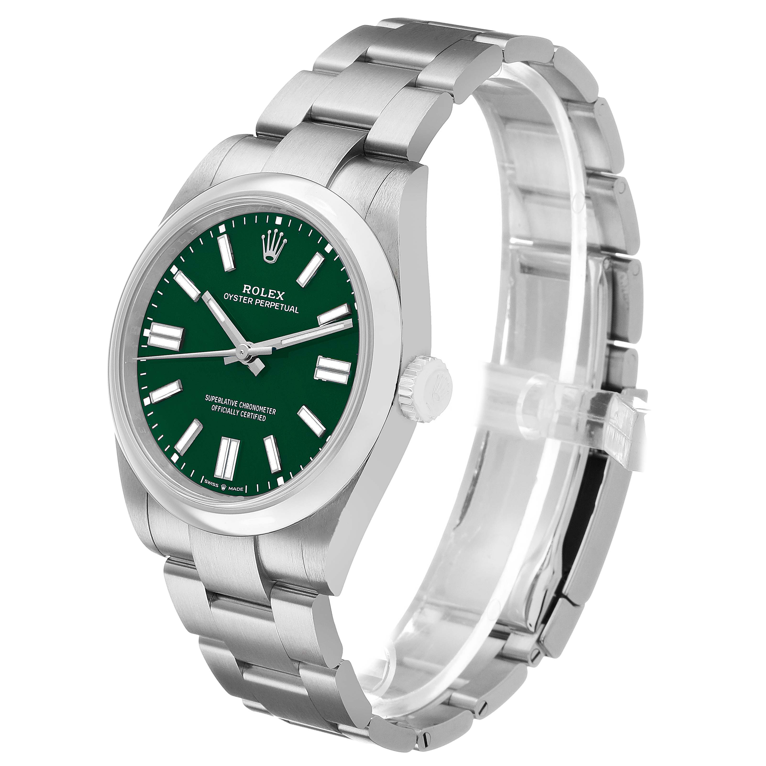 The Rolex Oyster Perpetual 134300 Men's Stainless Steel Green Dial watch is shown at a three-quarter angle, displaying its dial, bezel, crown, and bracelet.