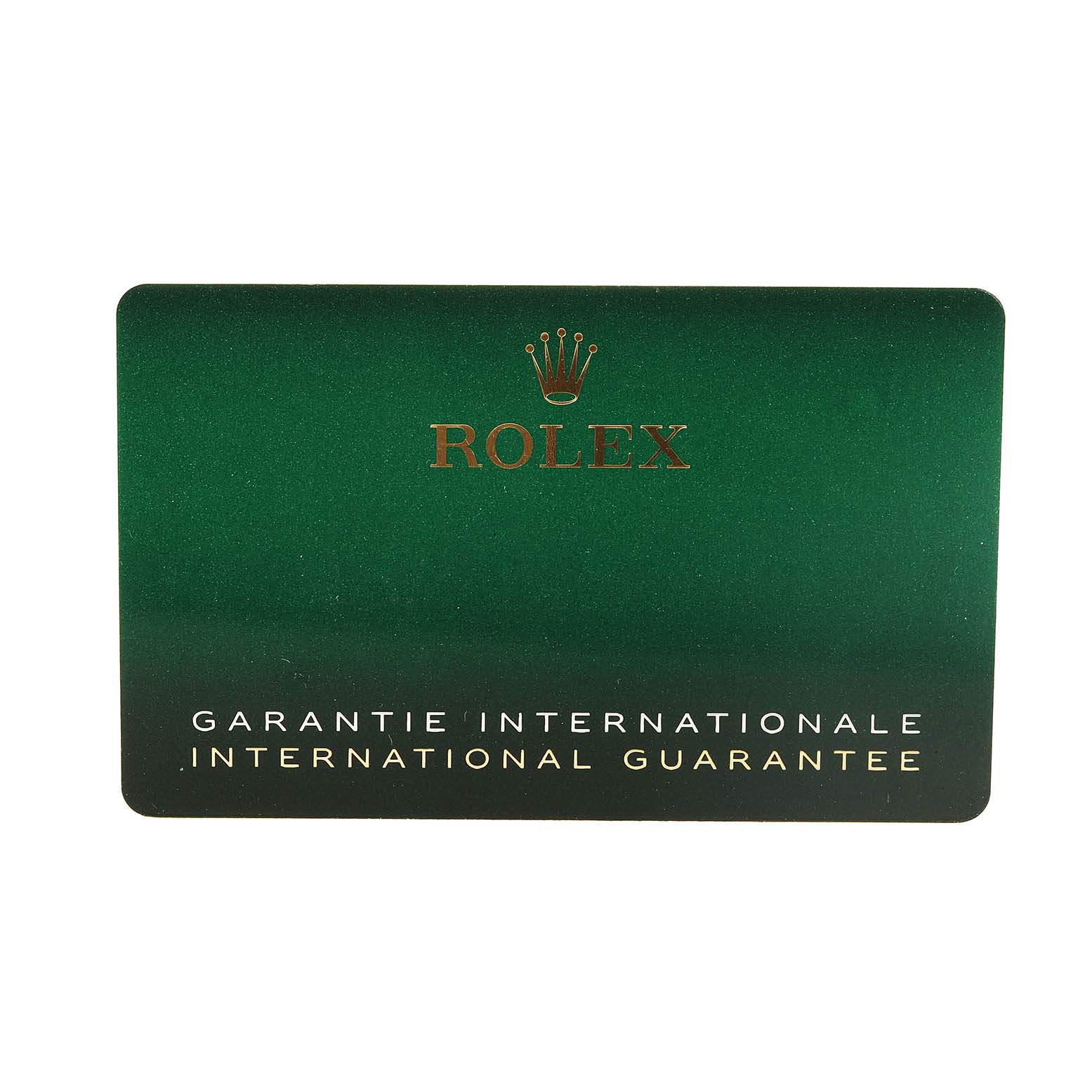 This image shows the international guarantee card for the Rolex Oyster Perpetual 134300 Men's Stainless Steel Green Dial watch.