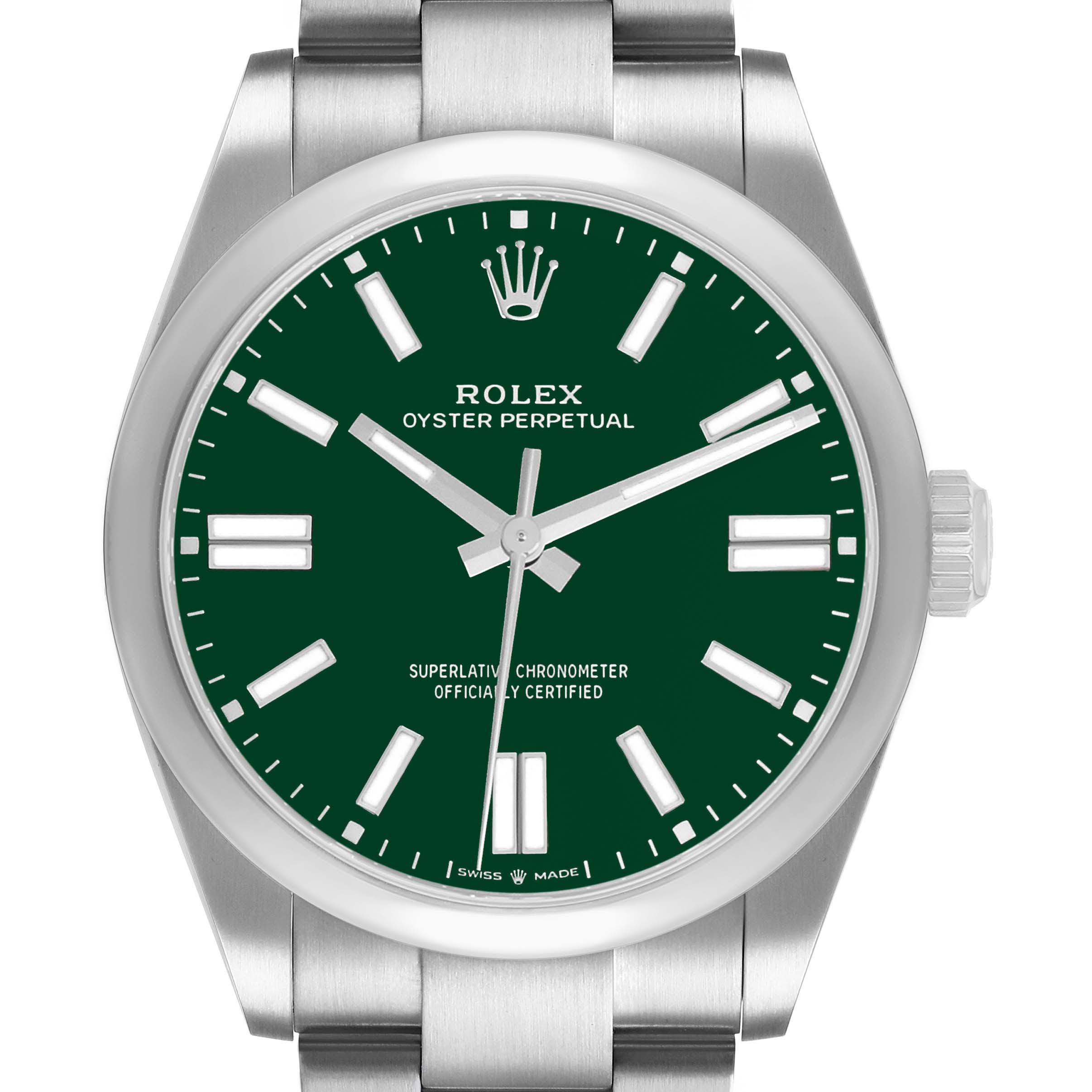 The image shows a front view of the Rolex Oyster Perpetual 134300 Men's Stainless Steel Green Dial watch, highlighting its green dial and silver bracelet.