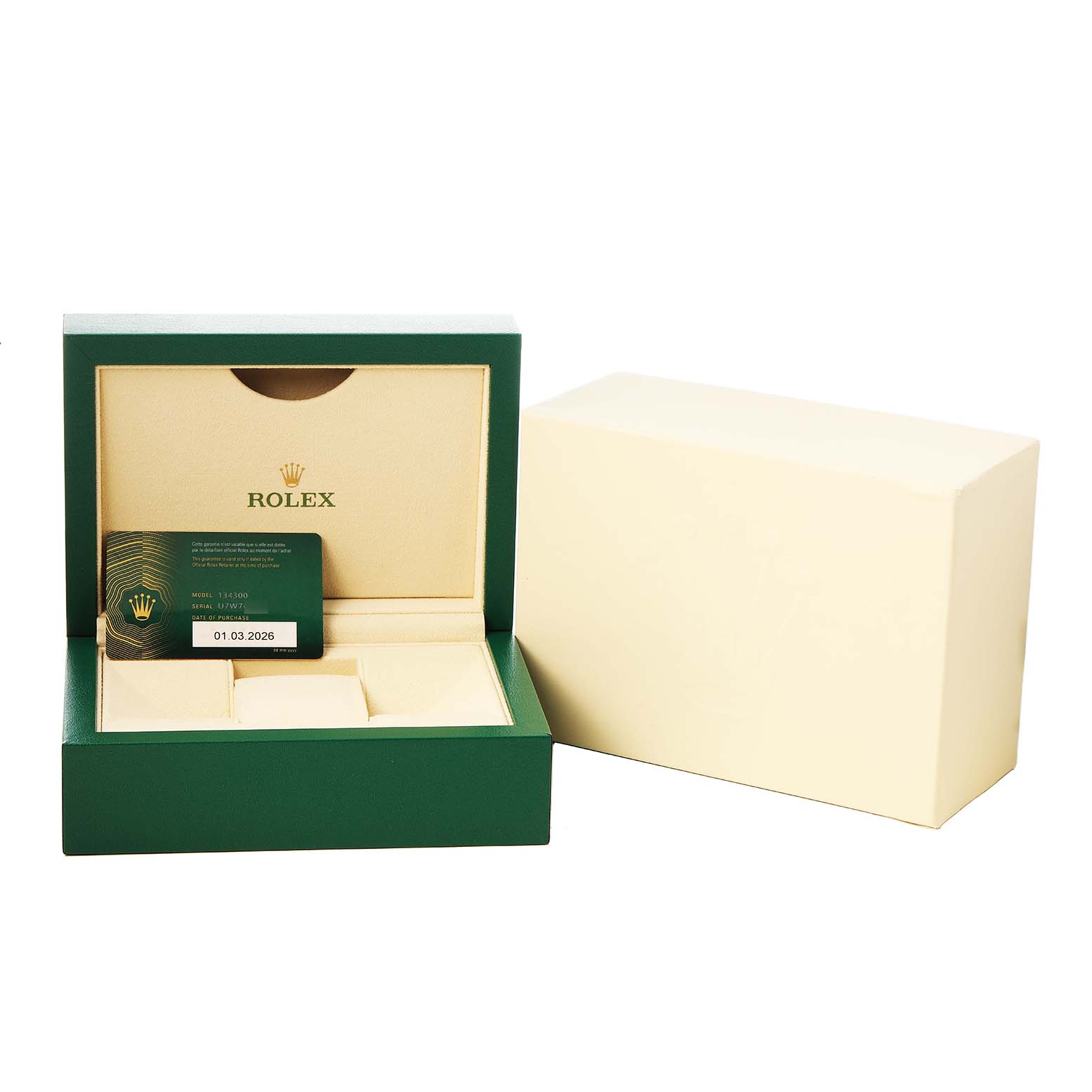 The image shows an open Rolex Oyster Perpetual 134300 Men's Stainless Steel Green Dial box, displaying its interior and warranty card, alongside a cream outer box.