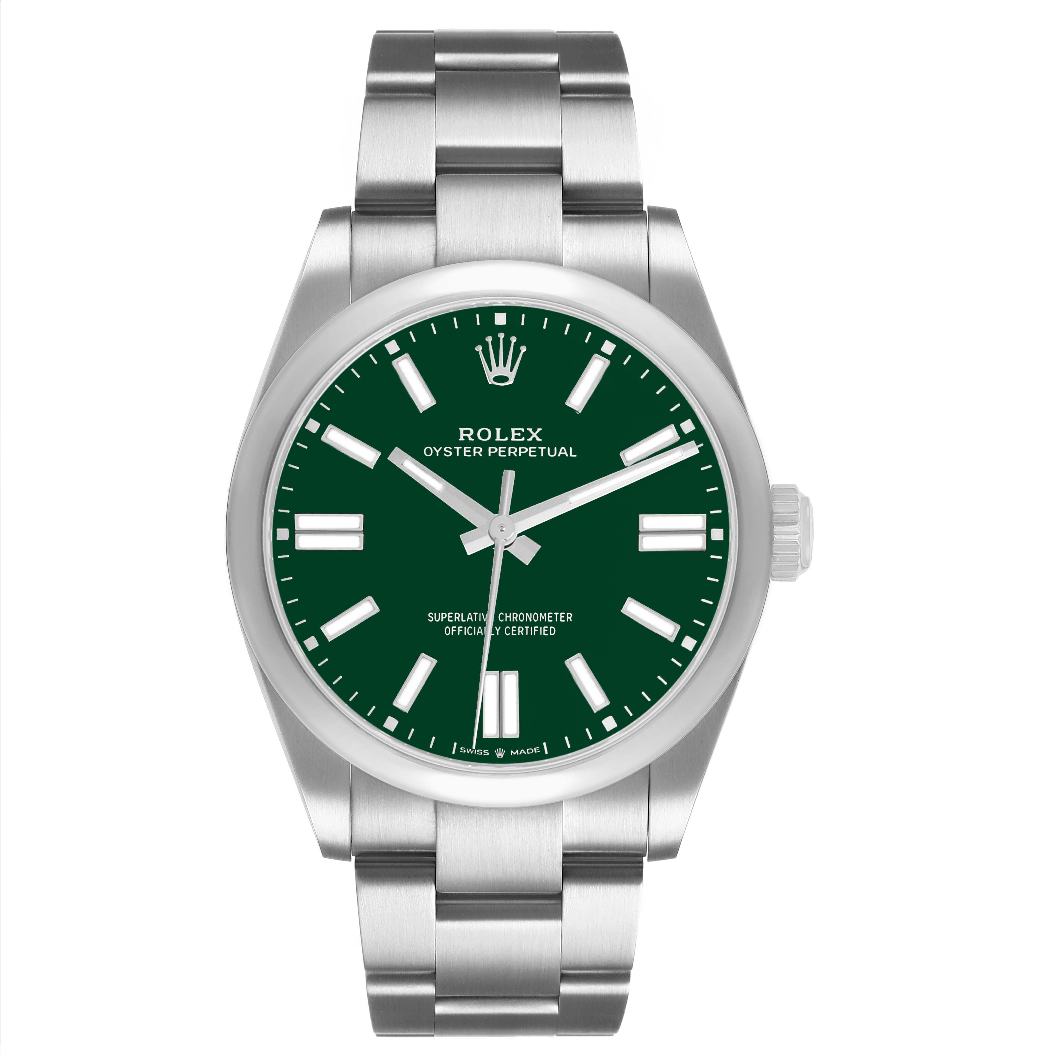 The Rolex Oyster Perpetual 134300 Men's Stainless Steel Green Dial watch is shown from a front view, displaying its green dial, hour markers, and stainless steel bracelet.
