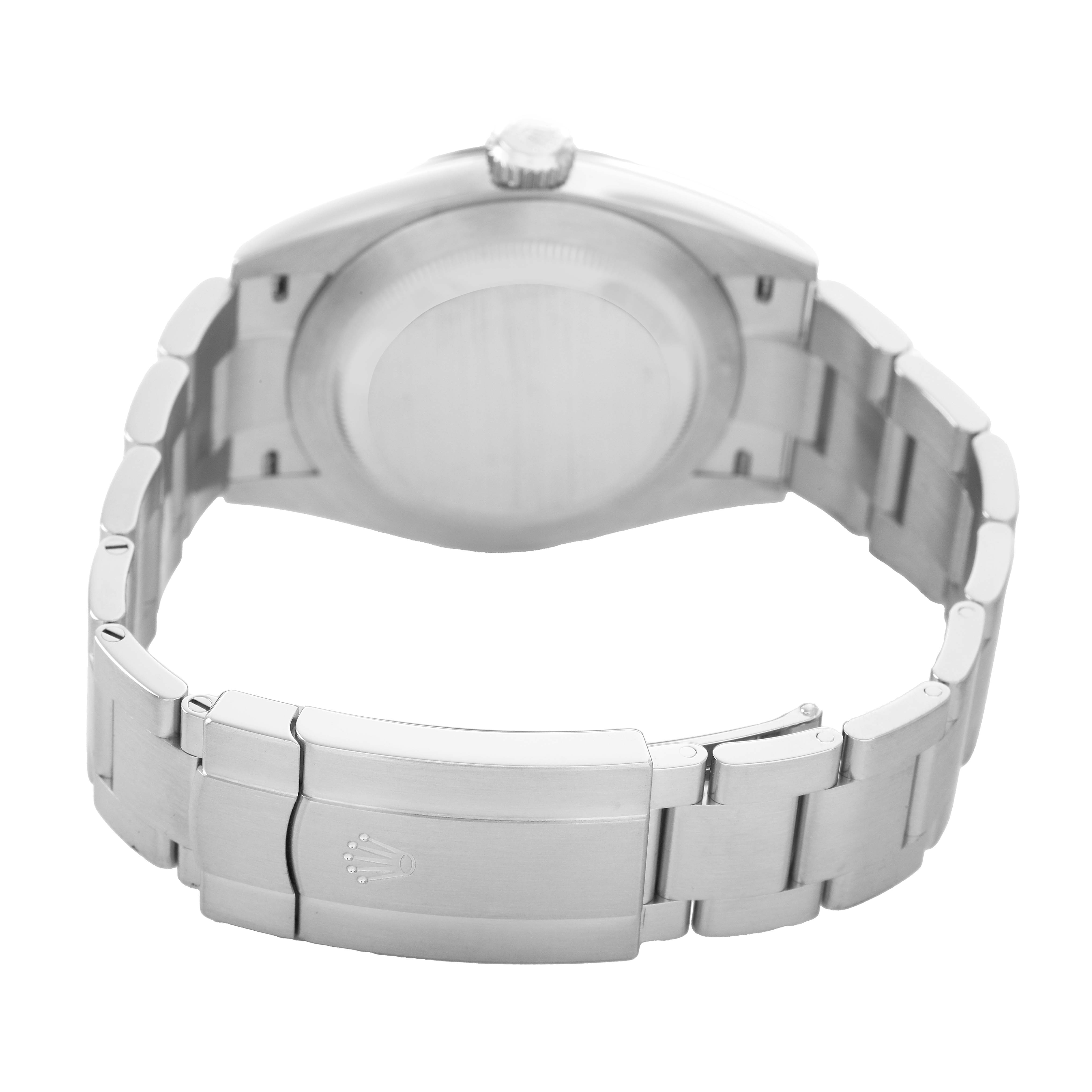 The image shows the Rolex Oyster Perpetual 134300 Men's Stainless Steel Green Dial watch from the back, highlighting the bracelet and clasp.