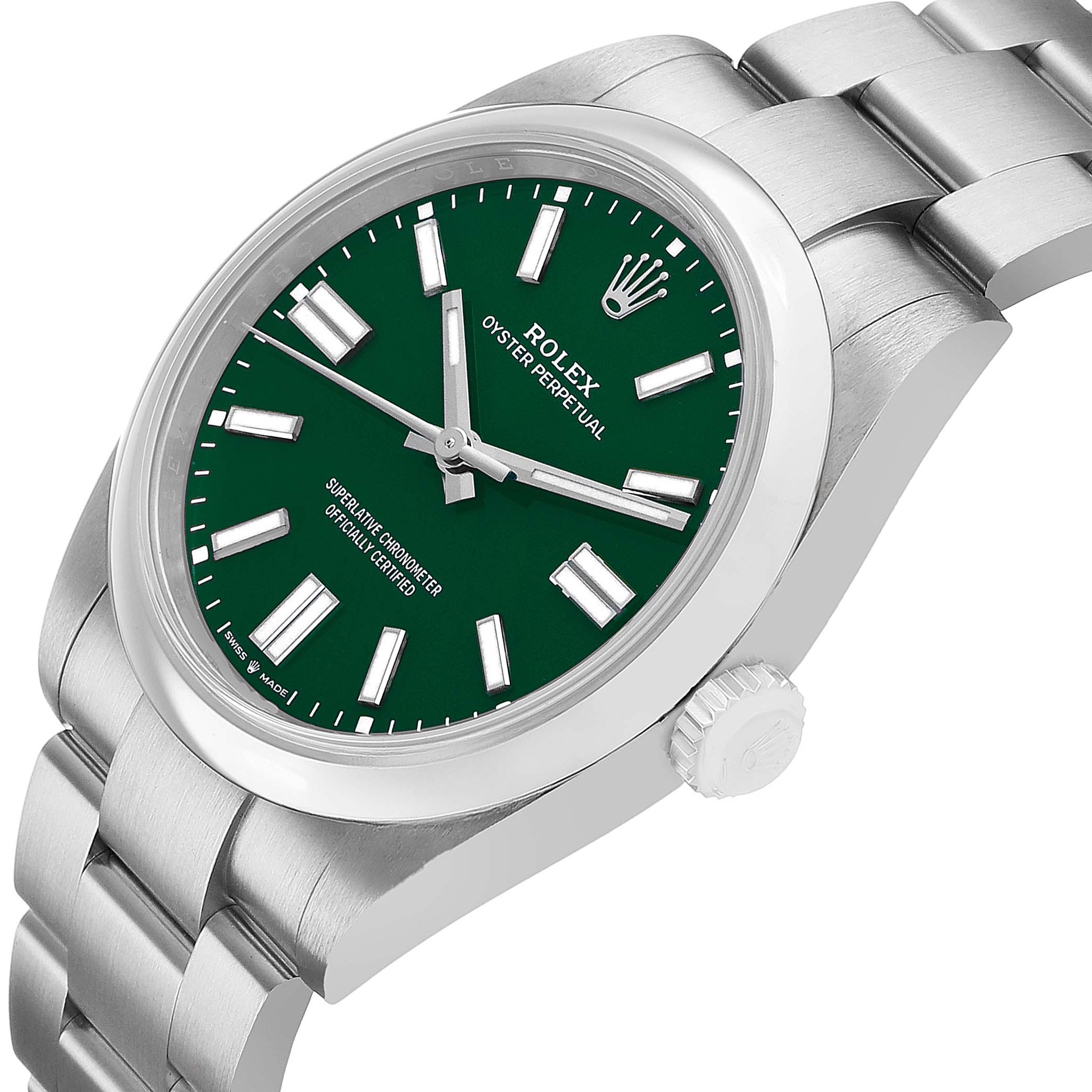 The Rolex Oyster Perpetual 134300 Men's Stainless Steel Green Dial watch is shown at an angled side view displaying the bracelet, crown, and green dial with hour markers.