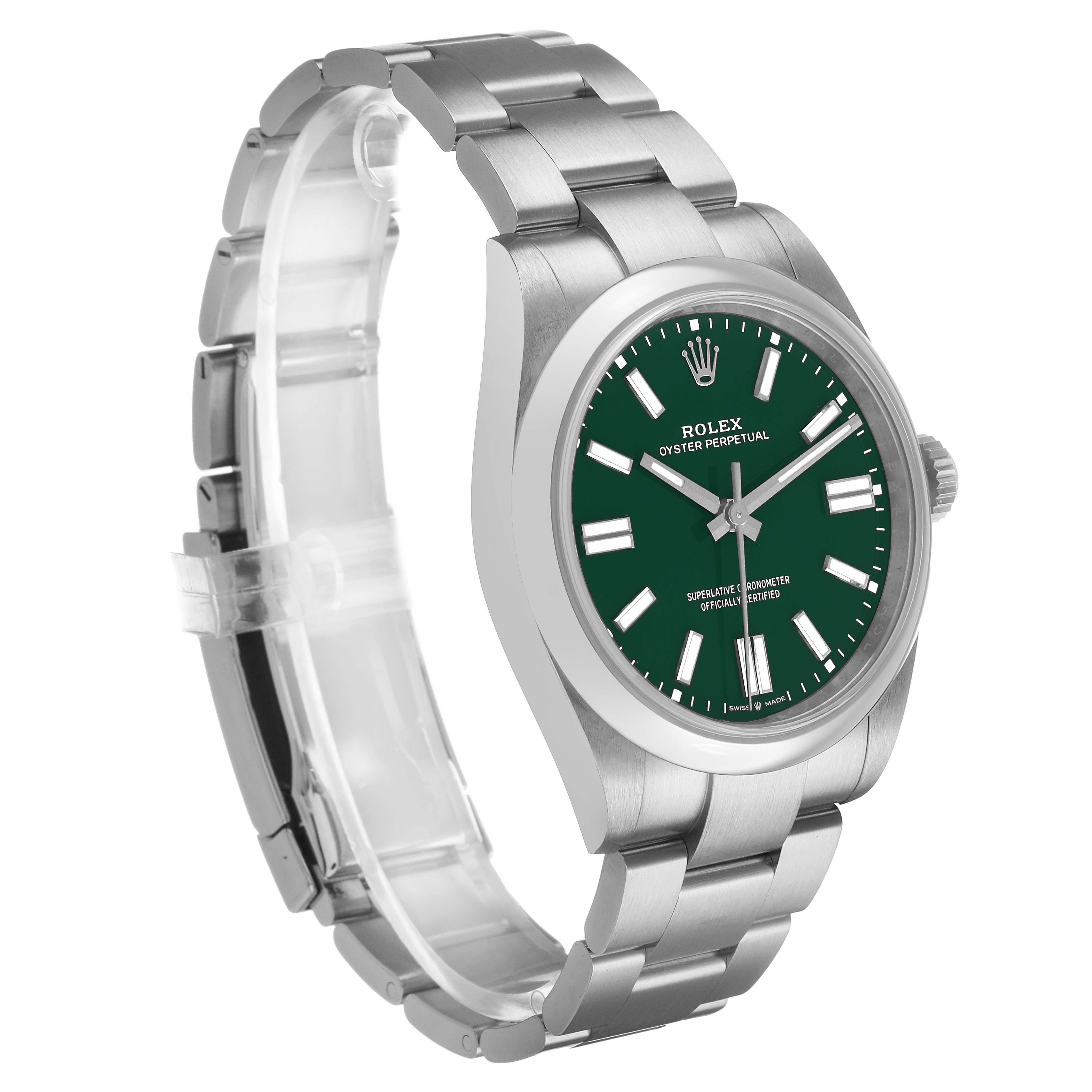 The Rolex Oyster Perpetual 134300 Men's Stainless Steel Green Dial watch is shown at a three-quarter angle, highlighting its bracelet, side, and green dial.