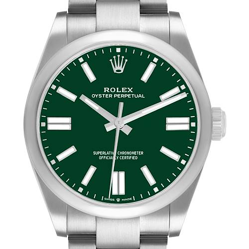 The Rolex Oyster Perpetual 134300 Men's Stainless Steel Green Dial watch is shown from a front angle, displaying its green dial, markers, crown, and part of the bracelet.