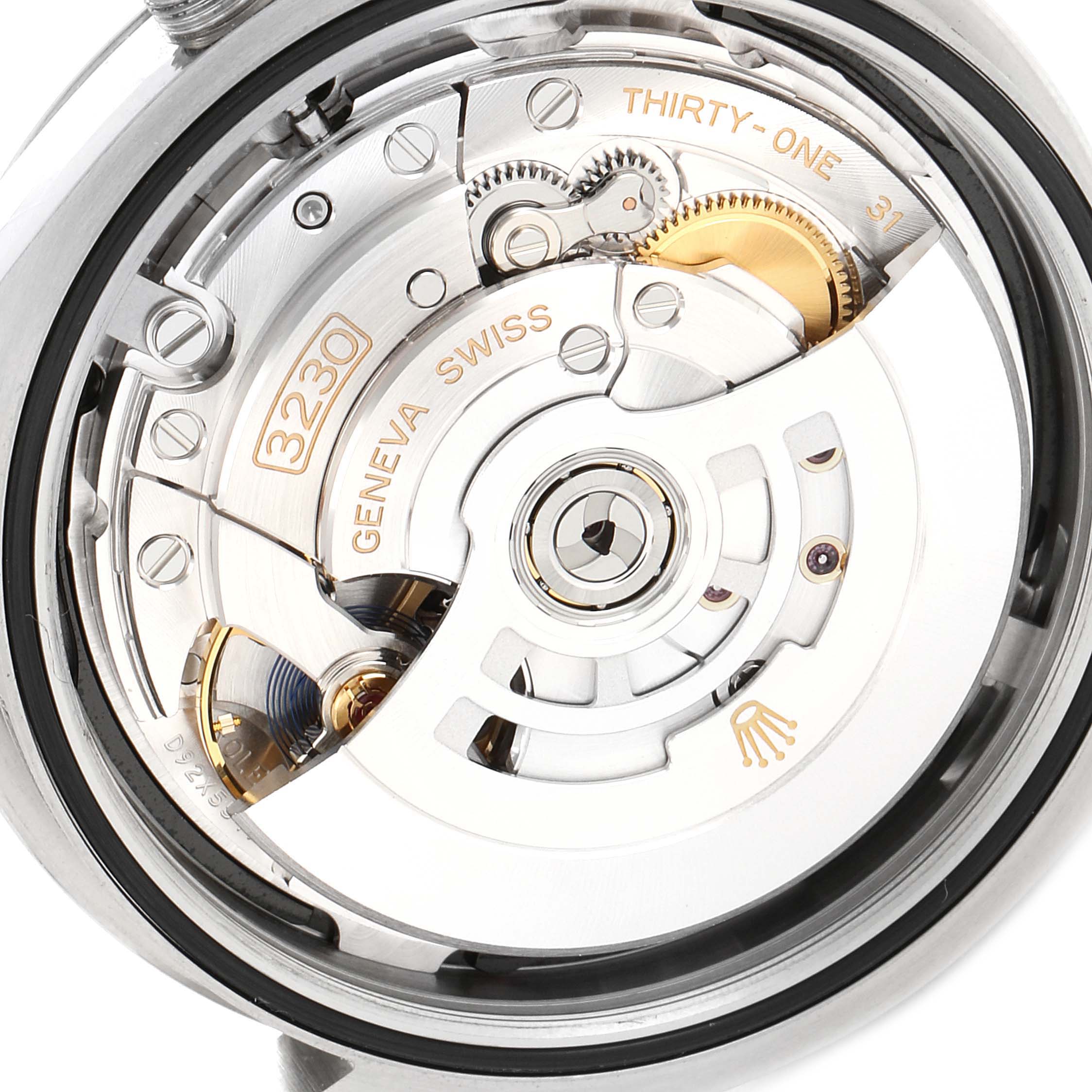This image shows the inner mechanics and movement of the Rolex Oyster Perpetual 124300 Men's Stainless Steel Black Dial 124300 Men's Stainless Steel Black Dial watch, viewed from the back.