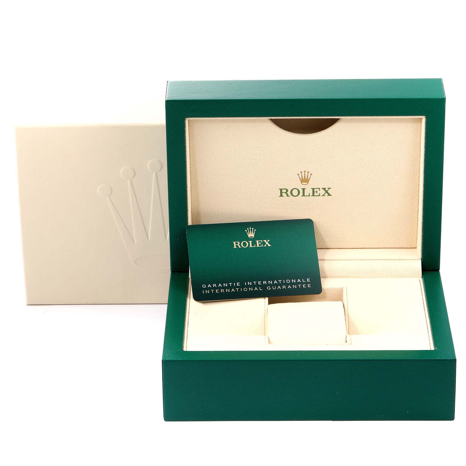 The image shows an open Rolex Oyster Perpetual 124300 Men's Stainless Steel Black Dial 124300 Men's Stainless Steel Black Dial watch box with an international guarantee card.