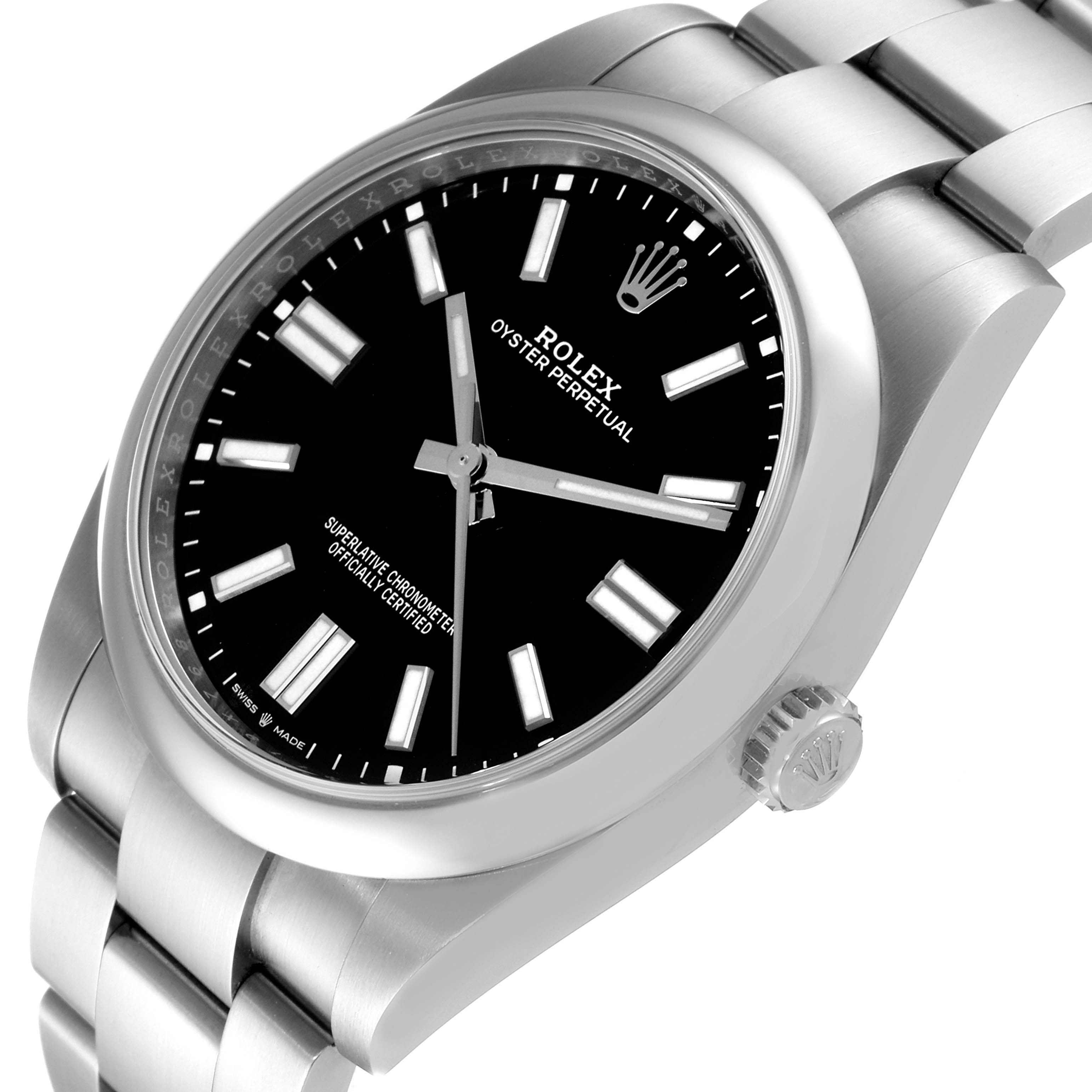 The image shows a Rolex Oyster Perpetual 124300 Men's Stainless Steel Black Dial 124300 Men's Stainless Steel Black Dial watch at an angle highlighting the dial, crown, and bracelet.