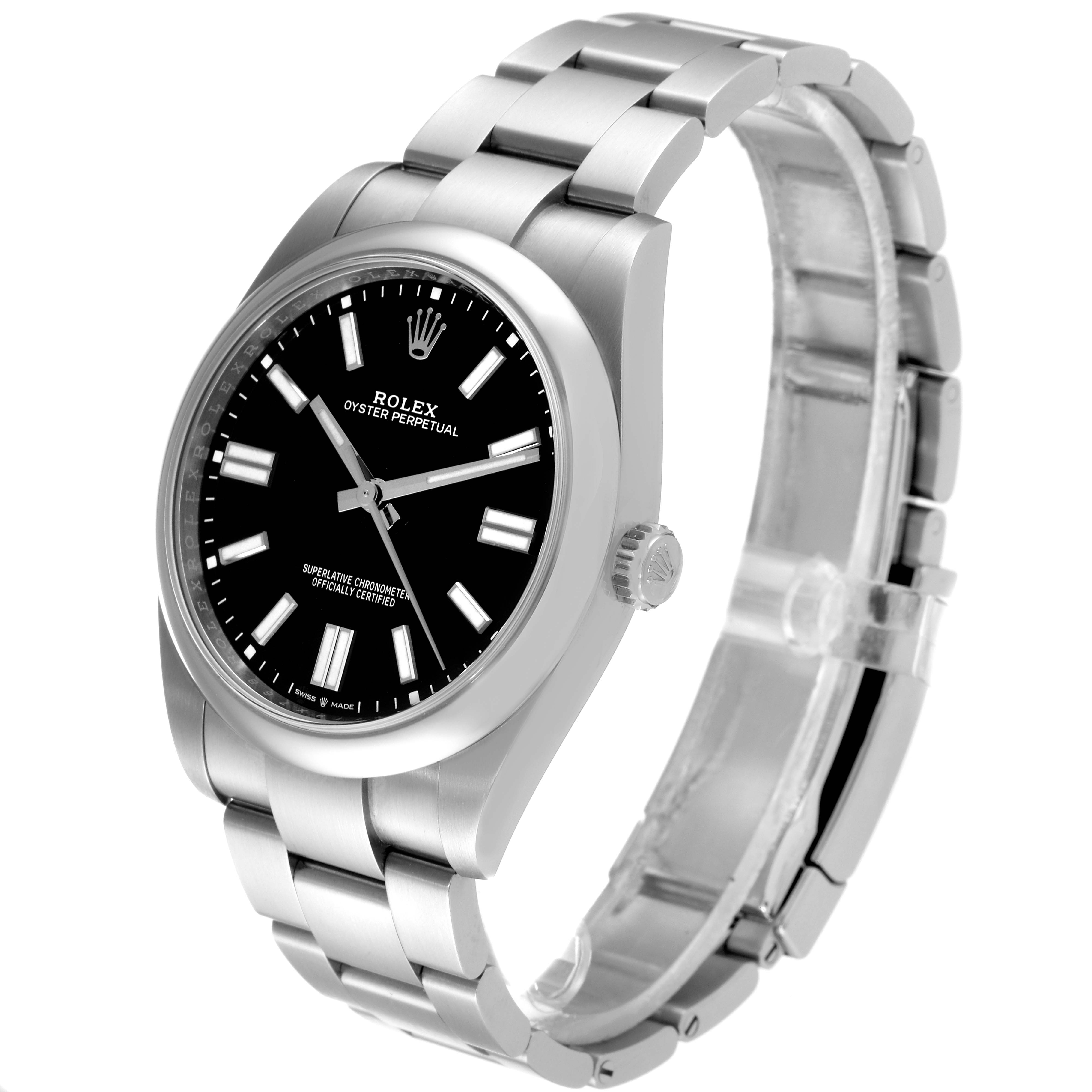 The Rolex Oyster Perpetual 124300 Men's Stainless Steel Black Dial 124300 Men's Stainless Steel Black Dial watch is shown at an angle displaying the face, crown, and bracelet.