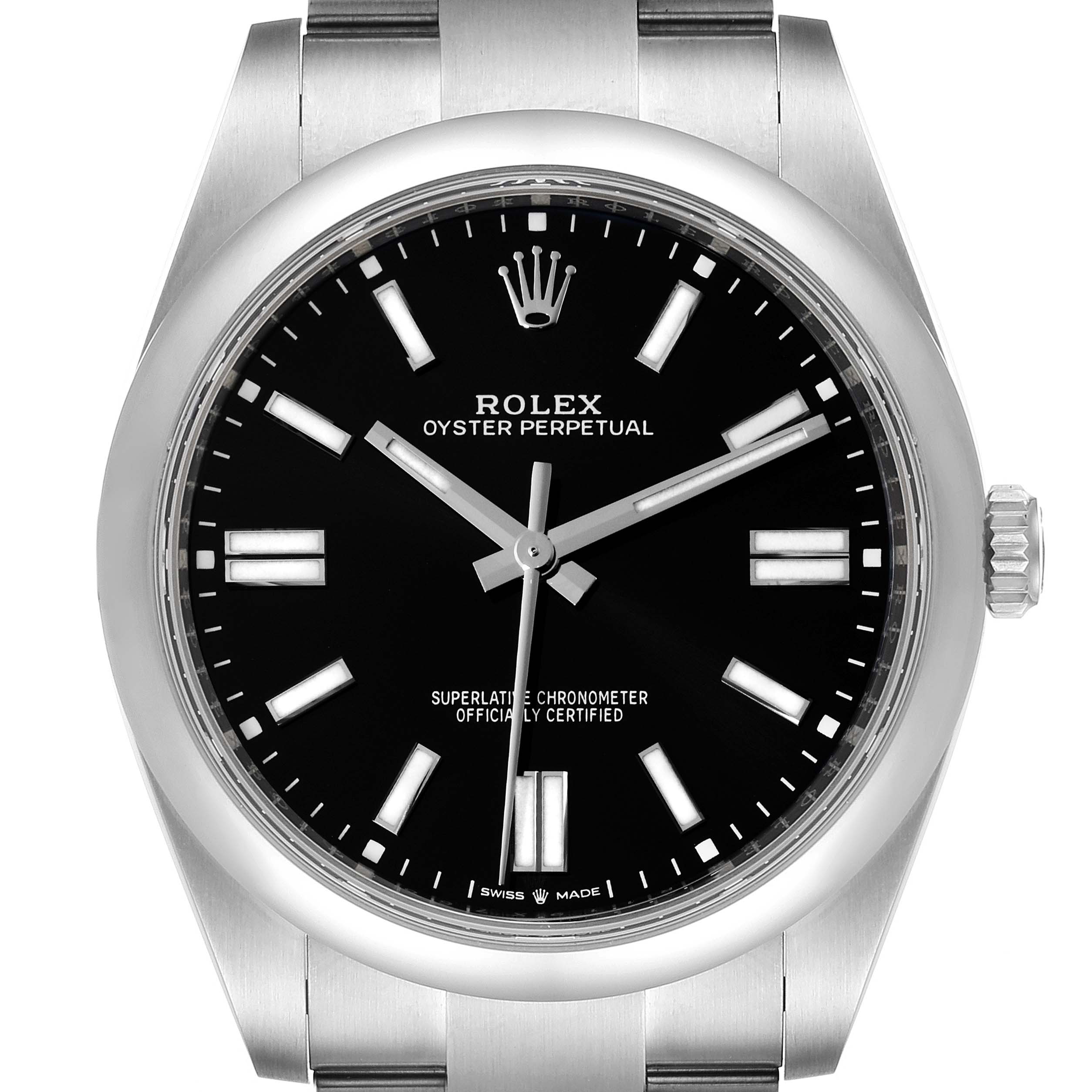 The image shows a front view of the Rolex Oyster Perpetual 124300 Men's Stainless Steel Black Dial 124300 Men's Stainless Steel Black Dial watch, highlighting its black dial, silver hands, and markers.
